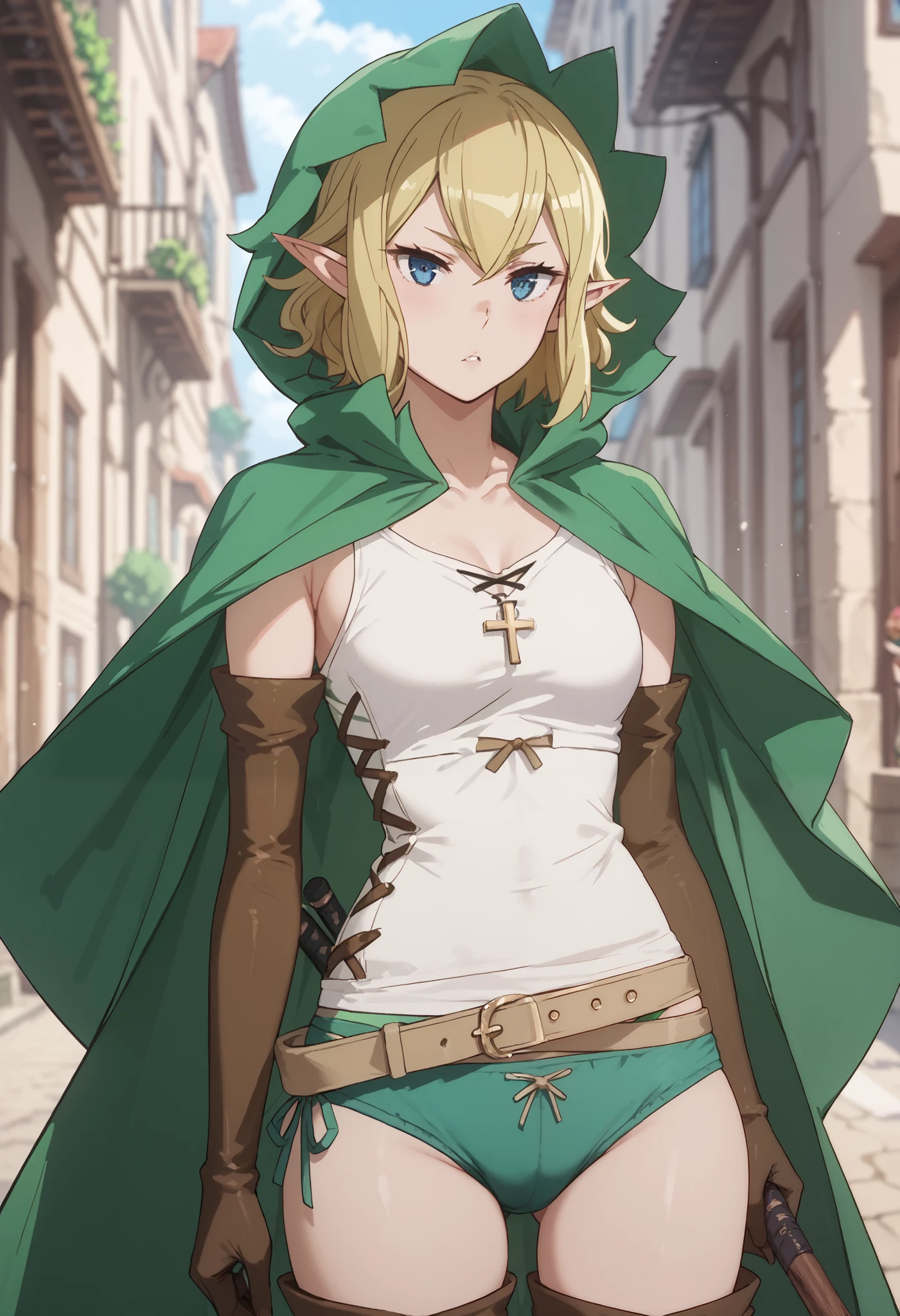 blonde hair, blue eyes, elf,
,ryuu
green cloak, hooded cloak, cross-laced clothes, tank top, green panties, beige belt, elbow gloves, thigh boot,
