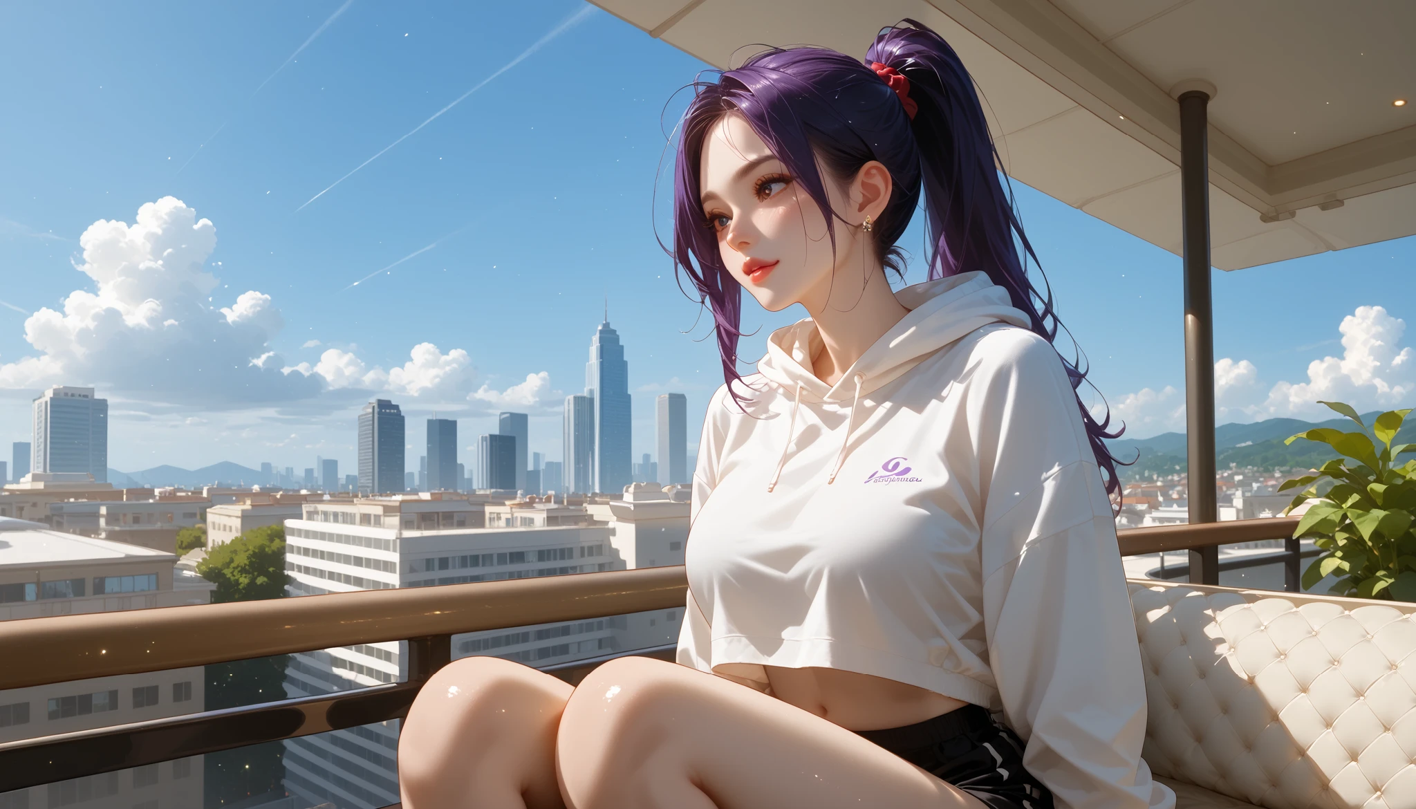 "A girl with a nice body and nice breasts sits elegantly on a high-rise balcony café with a breathtaking view of the city skyline. Her purple hair is styled into a sleek high ponytail, and she wears a designer cropped hoodie and form-fitting joggers. The café exudes luxury with marble tables, golden accents, and dim ambient lighting. Below, the city sparkles with expensive cars and upscale boutiques, creating an atmosphere of exclusivity and sophistication."