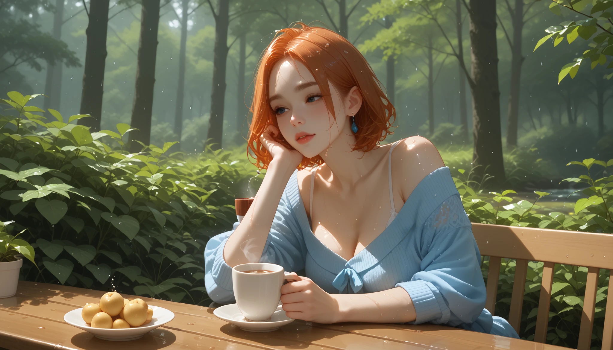 A quiet café named "Melody Mood" in the middle of a misty forest during a gentle rain. Raindrops trickle down the wooden eaves, and the air is filled with the fresh scent of wet earth and leaves. A woman sits alone at an outdoor table, staring at the rain while holding a warm cup of coffee. She looks lost in thought, absorbed in the moment as soft jazz music plays in the background. The mood is introspective and poetic.