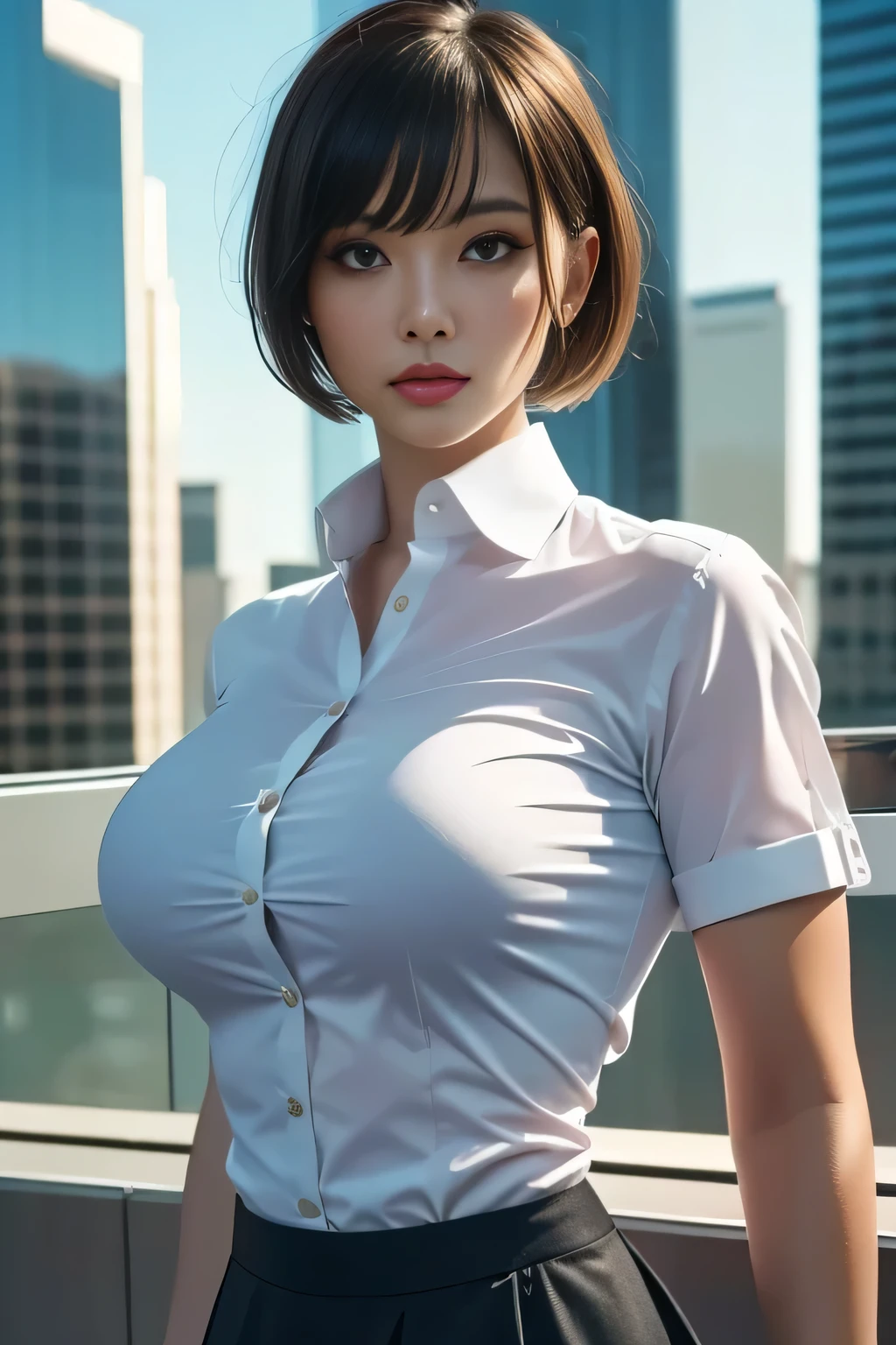 4K-quality, UHD, RAW-photo, (Realistic:1.5), Subject is in the center of the frame, (Looking at the viewer:1.3), Absolute masterpiece,
Tight-fitting business shirt, Just-fitting short sleeve, High-waist pencil skirt, (Shirt tucked into skirt:1.5), Office district, Skyscrapers in the background,,
Make-up, Lip-make up, Glossy skin, Bangs, Short-cut hair, Very beautiful woman, She's strong and intimidating, Muscle body