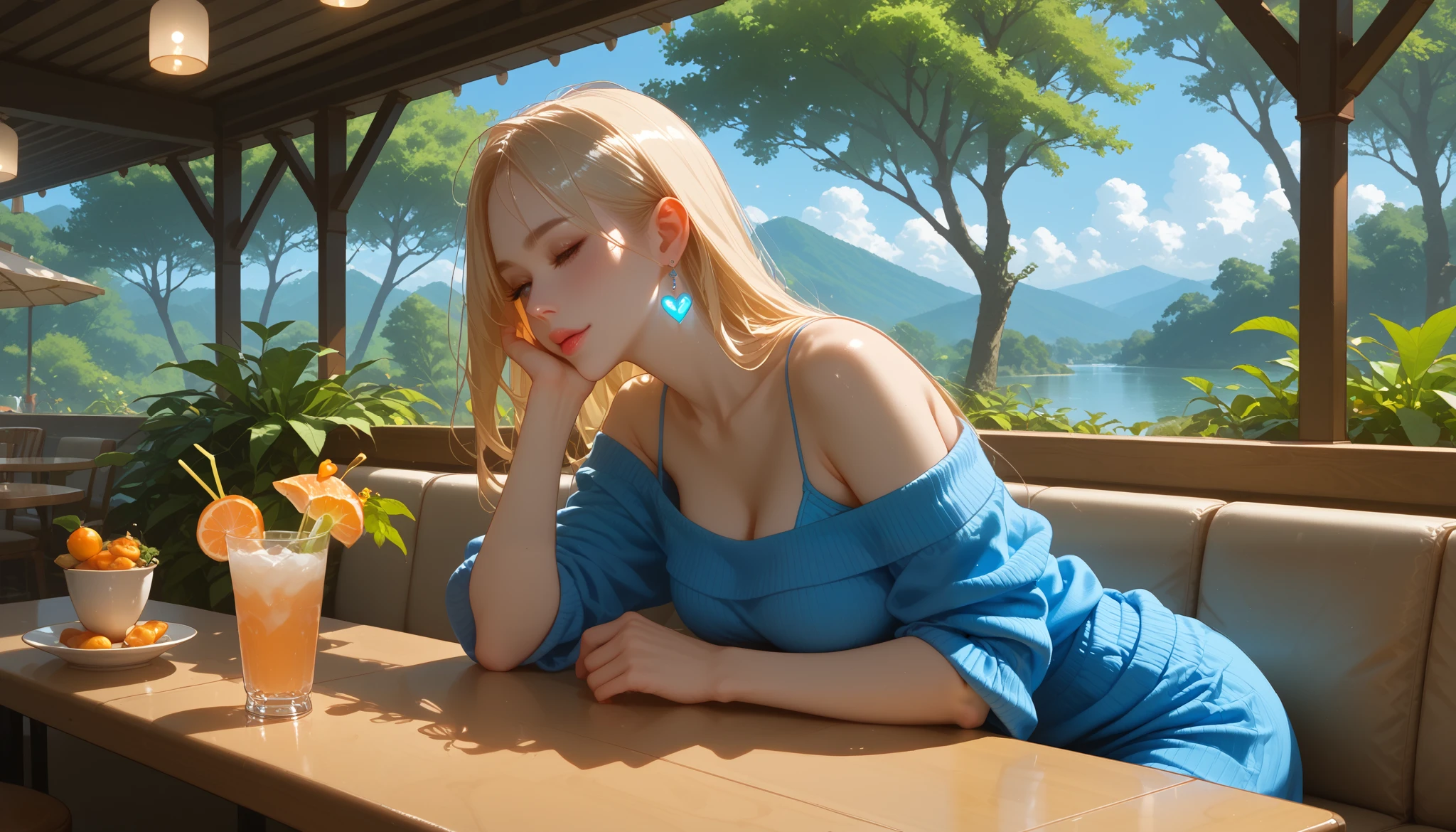 A futuristic café named "Melody Mood" in the heart of a neon-lit cyber forest. The wooden café blends modern technology with nature, featuring holographic menus and glowing vines creeping up the structure. The sky is a deep purple, filled with digital auroras. A solitary woman sits at a high-tech table, scrolling through a futuristic device while sipping an iridescent drink. The scene has a mix of organic warmth and neon aesthetics.