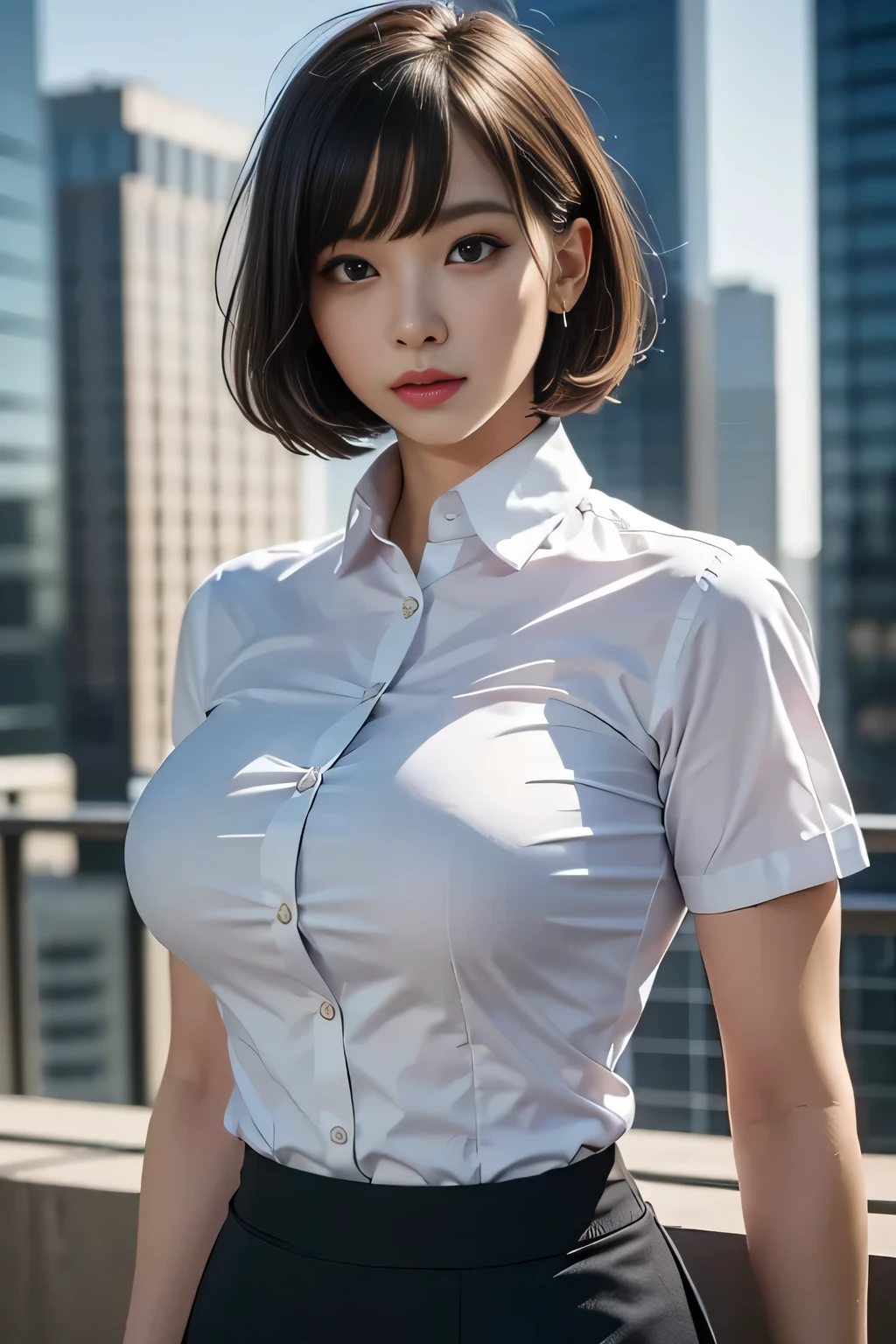 4K-quality, UHD, RAW-photo, (Realistic:1.5), Subject is in the center of the frame, (Looking at the viewer:1.3), Absolute masterpiece,
Tight-fitting business shirt, Just-fitting short sleeve, High-waist pencil skirt, (Shirt tucked into skirt:1.5), Office district, Skyscrapers in the background,,
Make-up, Lip-make up, Glossy skin, Bangs, Short-cut hair, Very beautiful woman, She's strong and intimidating, Muscle body