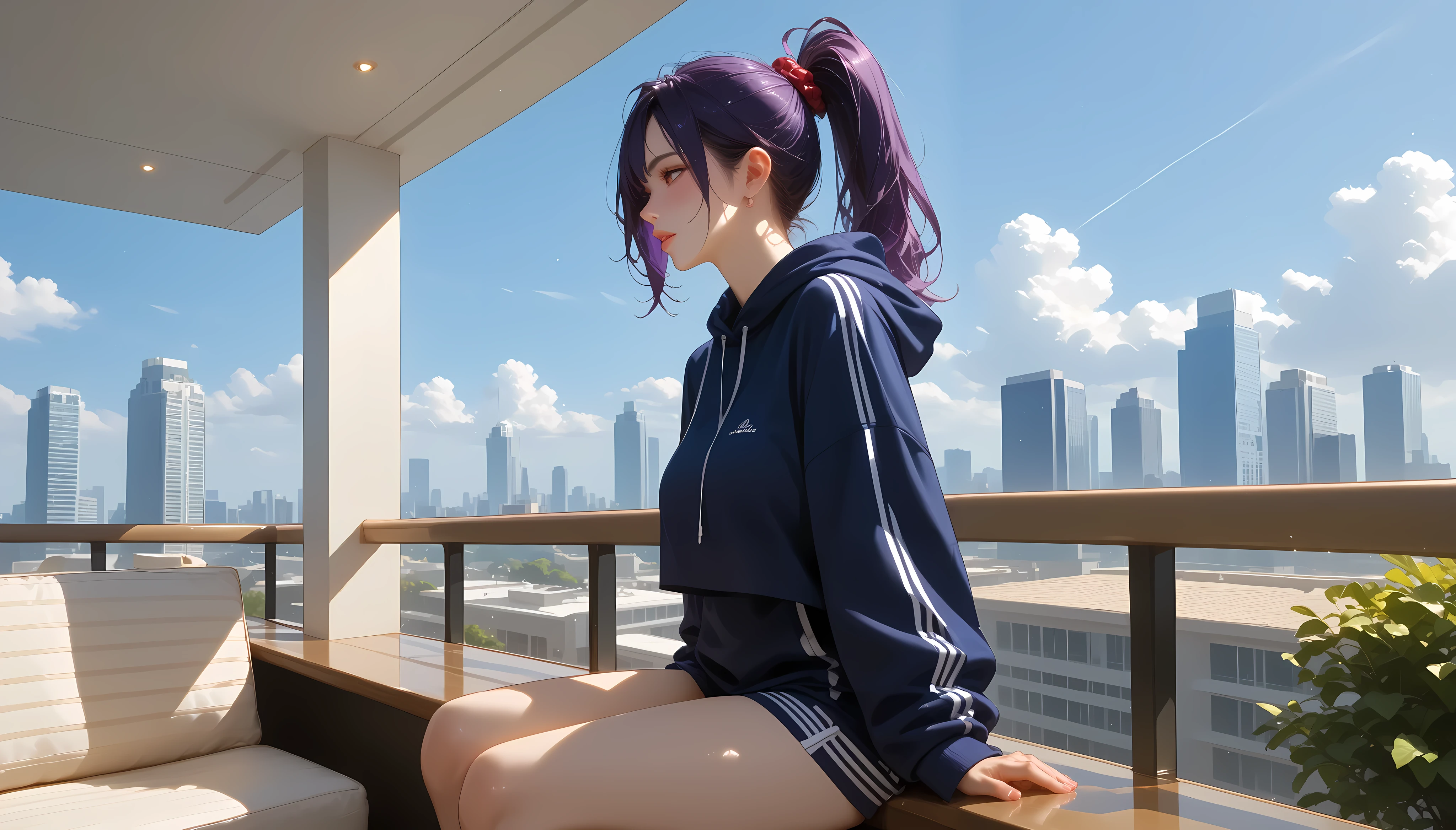 "A girl with a nice body and nice breasts sits elegantly on a high-rise balcony café with a breathtaking view of the city skyline. Her purple hair is styled into a sleek high ponytail, and she wears a designer cropped hoodie and form-fitting joggers. The café exudes luxury with marble tables, golden accents, and dim ambient lighting. Below, the city sparkles with expensive cars and upscale boutiques, creating an atmosphere of exclusivity and sophistication."