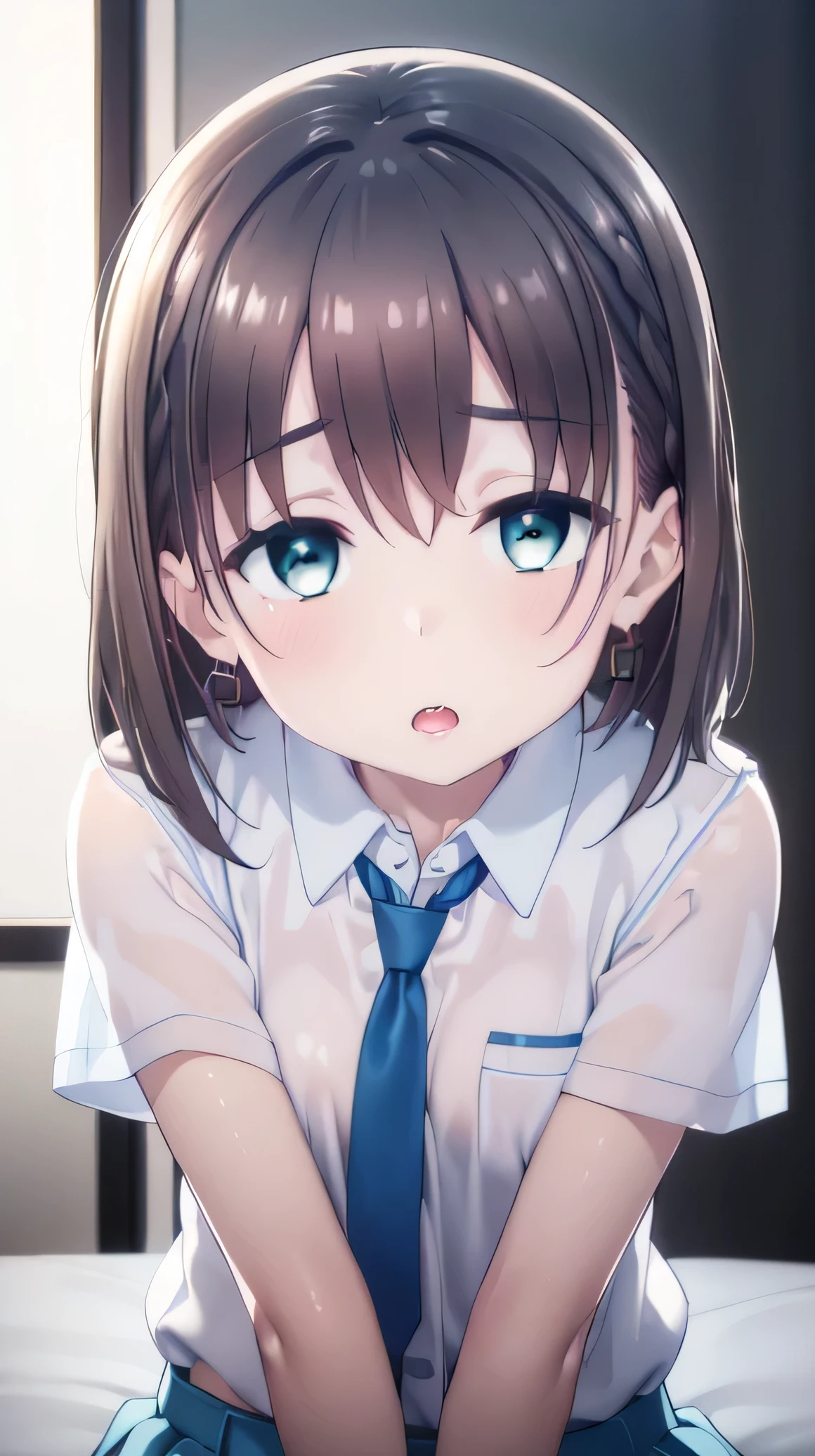 16-years-old girl, school girl, tawawa, ai, short hair, brown hair, (green eyes:1.3), braid, side braid, skirt, shirt, jewelry, school uniform, white shirt, short sleeves, pleated skirt, earrings, necktie, collared shirt, blue skirt, blue necktie, rest looking at viewer, Upper body, Full Body, rest outdoors, city, sky, rest (걸작:1.2), top quality, high resolution, Unity 8K Wallpaper, (Illustrations:0.8), (Beautiful detailed eyes :1.6), highly detailed face, perfect lighting, highly detailed CG, (perfect hands, perfect anatomy), 1boy, rnd1, nude, on bed, simple background, indoors, fucked silly, sex from behind, 1boy,, erotic