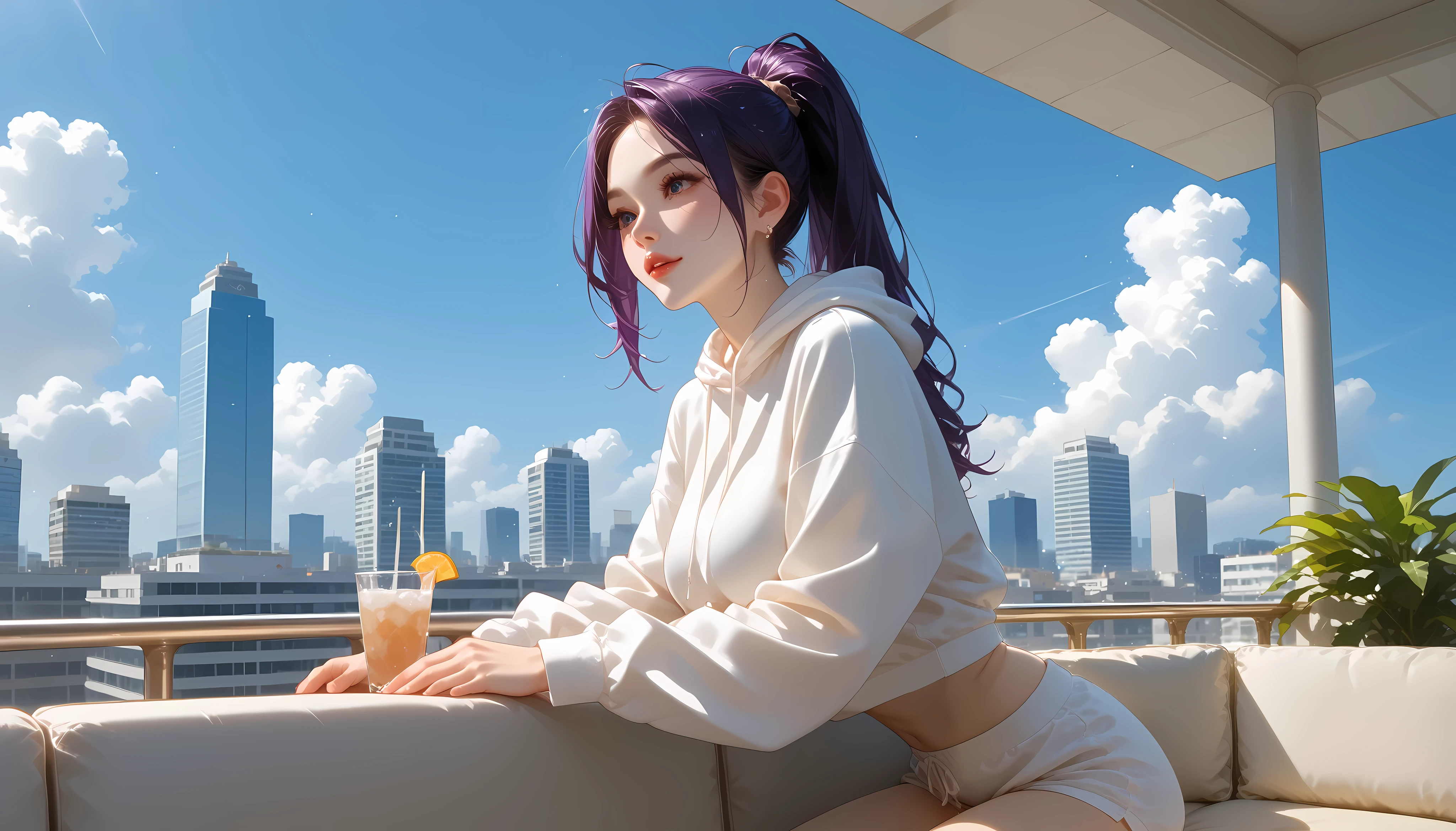 "A girl with a nice body and nice breasts sits elegantly on a high-rise balcony café with a breathtaking view of the city skyline. Her purple hair is styled into a sleek high ponytail, and she wears a designer cropped hoodie and form-fitting joggers. The café exudes luxury with marble tables, golden accents, and dim ambient lighting. Below, the city sparkles with expensive cars and upscale boutiques, creating an atmosphere of exclusivity and sophistication."