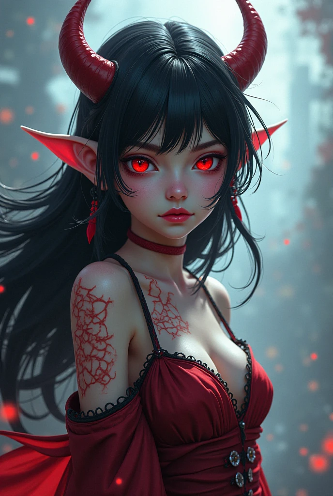 a painting of a woman with horns and red eyes, demon girl, demon woman, with red glowing eyes, horns and red eyes, beautiful succubus, portrait of a female demon, succubus, by Gerald Brom, portrait of demon girl, by Bastien L. Deharme, by Jeffrey Catherine Jones, inspired by Jeffrey Catherine Jones