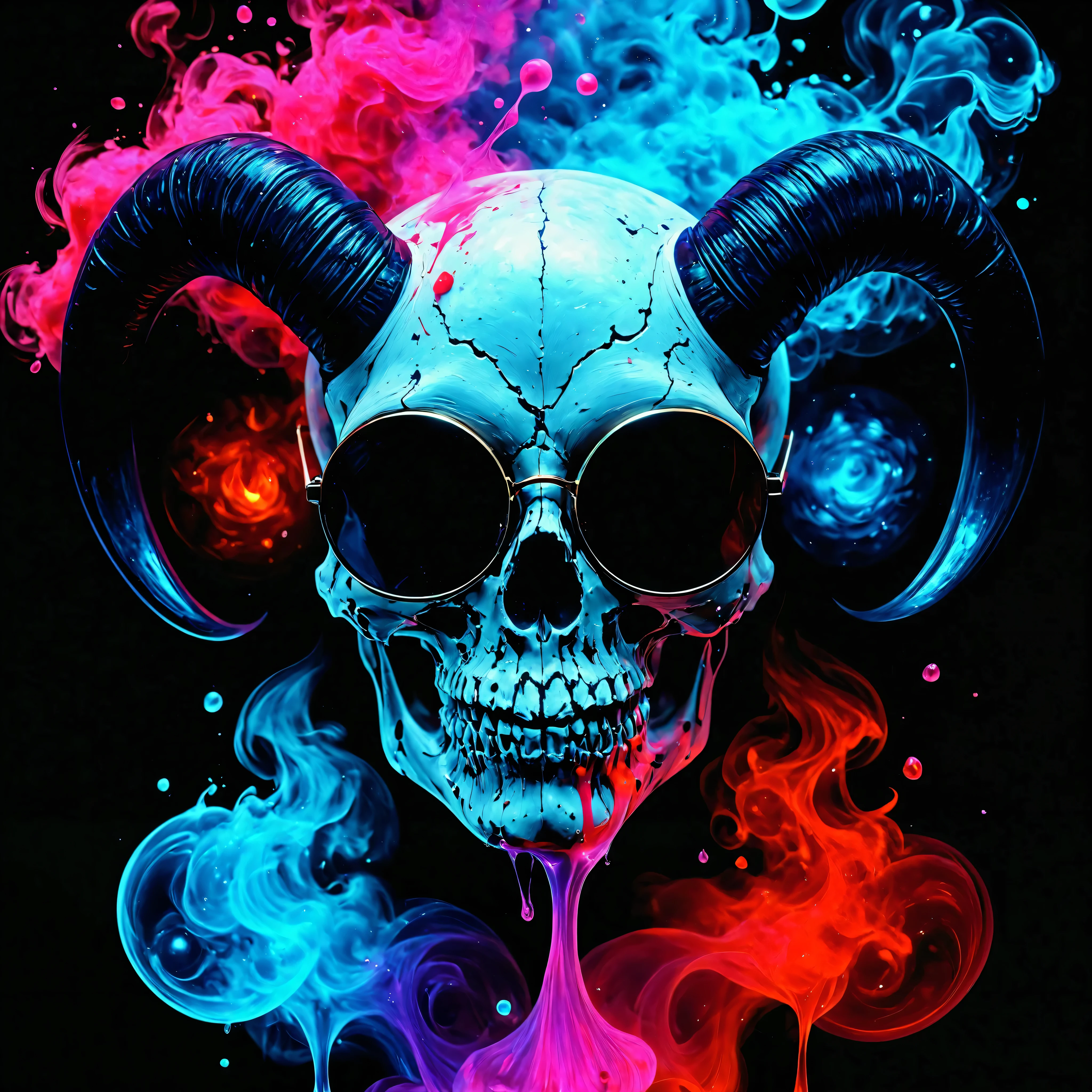 ((HALF PERSON)), A striking portrait, rendered in the style of Epic Splatter Art and Alcohol Ink, depicting a model with an otherworldly aesthetic. skull with horns. The model, appearing to be a young adult of mixed ethnicity with dark, expressive eyes, wears oversized, circular sunglasses featuring meticulously detailed celestial motifs—stars and a crescent moon etched onto the lenses. Their face is partially obscured by a swirling, smoky ghost image rendered in vibrant, contrasting alcohol inks, creating a mysterious and ethereal effect. Fire:0.9. The skull, a key element in the composition, is painted with an array of unusual, almost iridescent colors, enhancing the fantastical quality. Colored smoke billows around the model's head and shoulders, adding to the dynamic and chaotic energy of the piece. The background is a stark contrast of dark, deep blacks and rich, saturated colors, complementing the skull’s striking hues and the model's enigmatic expression. The composition is close-up, slightly off-center, creating an intimate yet dramatic viewing experience. The texture is rough and highly detailed, emphasizing the splatter and ink effects. The lighting is dramatic, with spotlights highlighting the skull and sunglasses, casting dramatic shadows to accentuate the smoky ghost effect. The overall mood is one of mystical intrigue and powerful energy; a blend of darkness and light, creating a captivating and unforgettable image. The style evokes the boldness of expressionism blended with the ethereal qualities of surrealism. Wide angle lens perspective.