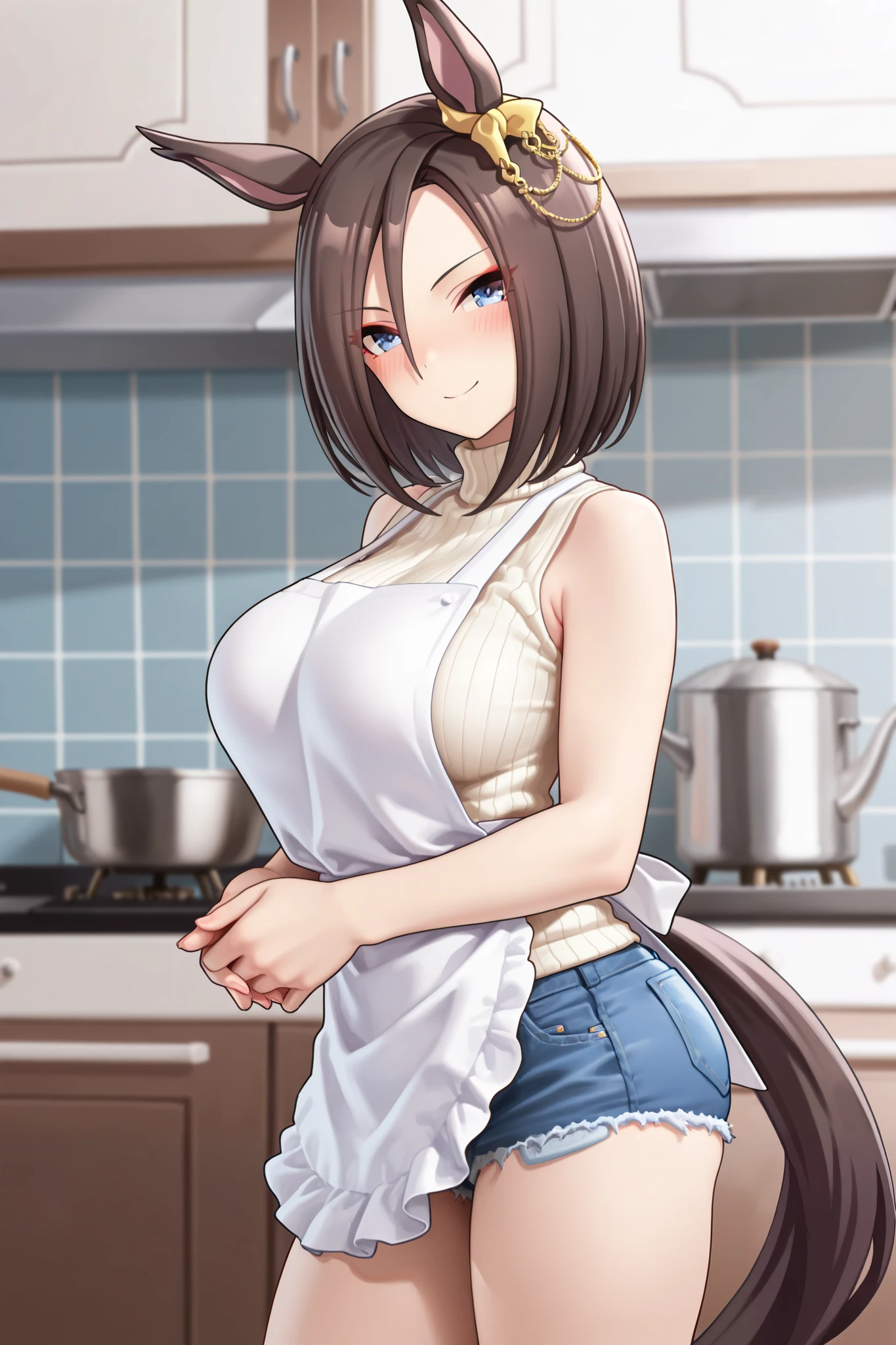 NSFW,masterpiece,Highest quality,high resolution,very detailed,Air Groove (umamusume),turtleneck sweater, sleeveless,denim shorts,apron,Kitchen, Smile