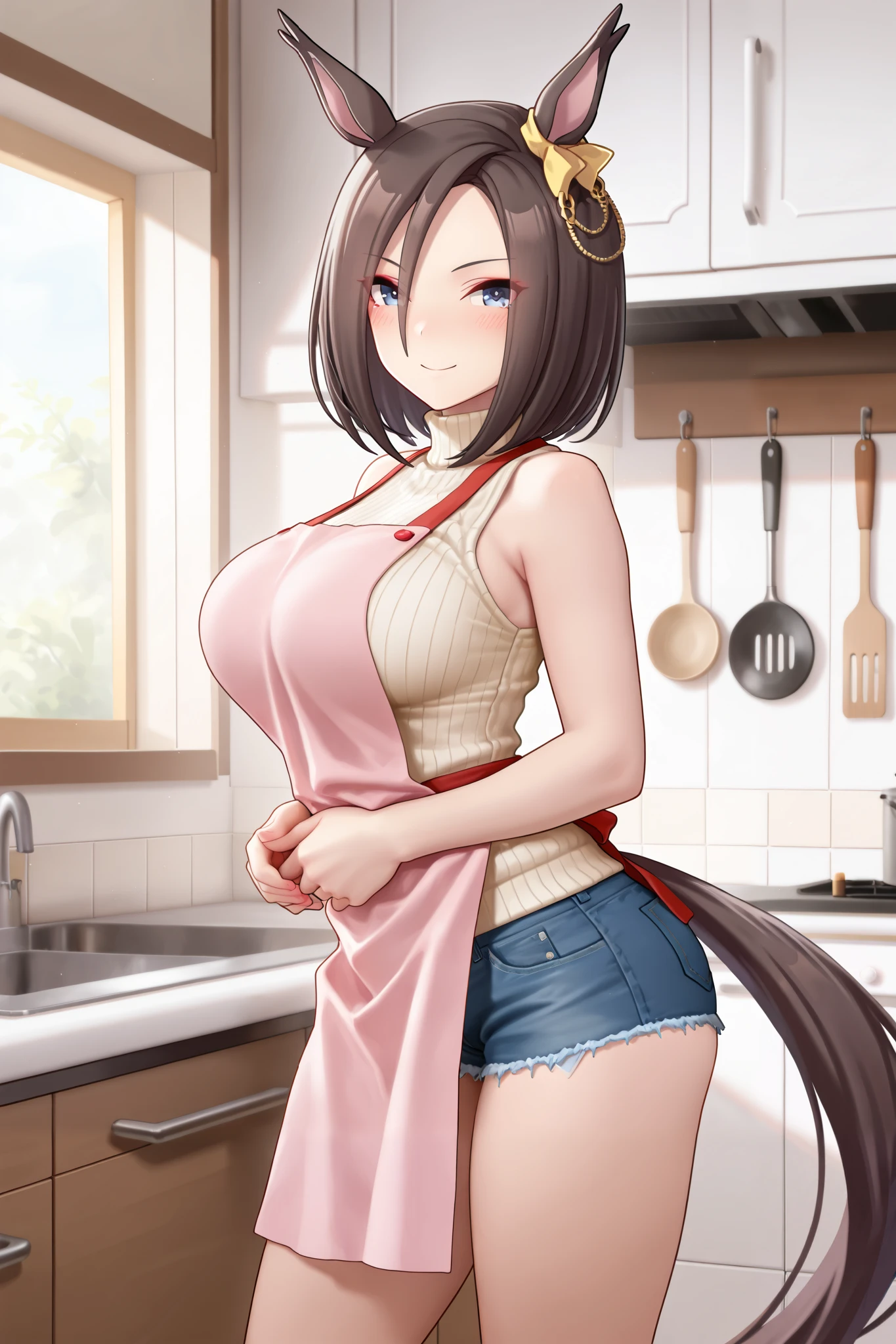 NSFW,masterpiece,Highest quality,high resolution,very detailed,Air Groove (umamusume),turtleneck sweater, sleeveless,denim shorts,apron,Kitchen, Smile