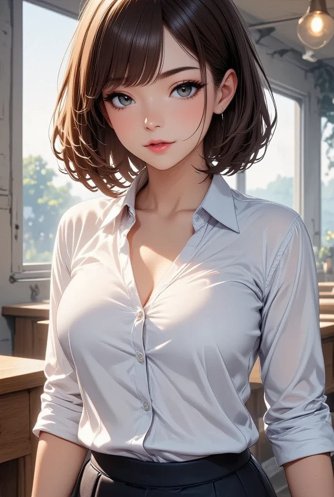 One Woman, alone, middle aged, Beautiful woman、I could see the whole body、 ((short hair)), ((Brown eyes, Beautiful eyelashes, Realistic eyes)), ((Detailed face, blush:1.2)), ((Smooth texture:0.75, Realistic texture:0.65, Realistic:1.1, Anime CG style)), Glamorous Body, Big Breasts, Dynamic Angle, Perfect body, ((Purple transparent blouse, Red mini skirt))、(Hotel stairs)、the wind is strong、(Very embarrassing panic smile)、looked back、I can see her ass sticking out in front of me....、Angle looking up from the bottom of the stairs、 (((I can see your whole ass、Pink floral panties)))、((Tabletop, Highest quality, High resolution, Pixel Perfect, 4K,))),
