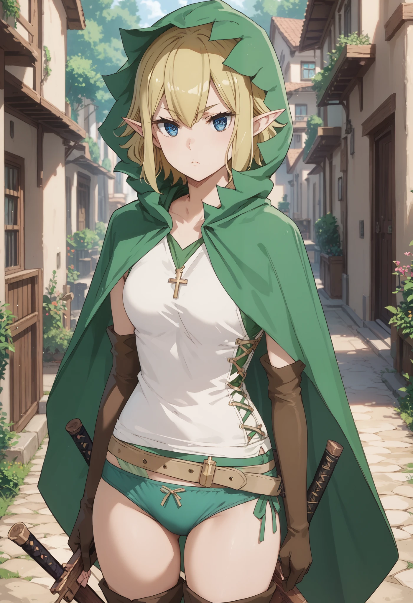 blonde hair, blue eyes, elf, ,ryuu green cloak, hooded cloak, cross-laced clothes, tank top, green panties, beige belt, elbow gloves, thigh boot,
