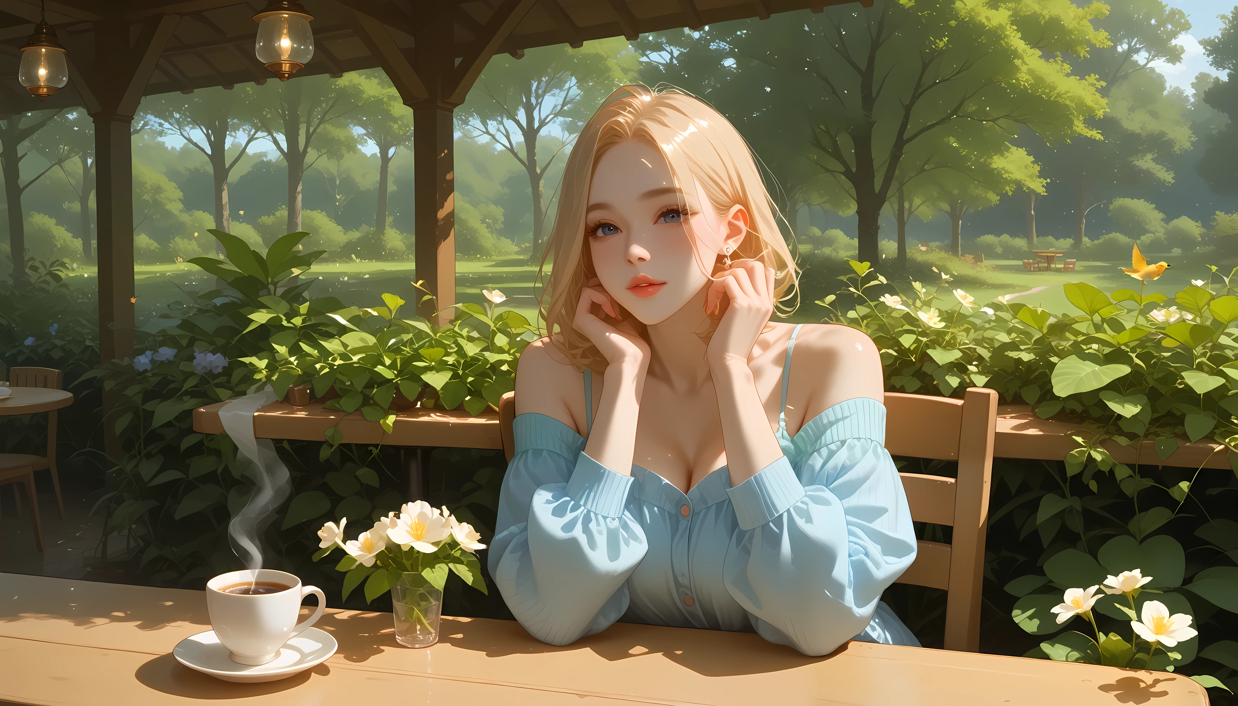 A small, charming café named "Melody Mood" nestled in a lush green forest. The wooden café is covered with creeping vines and blooming flowers. A soft golden glow emanates from the lanterns, creating a warm and inviting atmosphere. A woman sits alone at a wooden table, sipping coffee while enjoying the peaceful ambiance. The air is filled with the scent of fresh coffee and the distant sound of birds chirping.