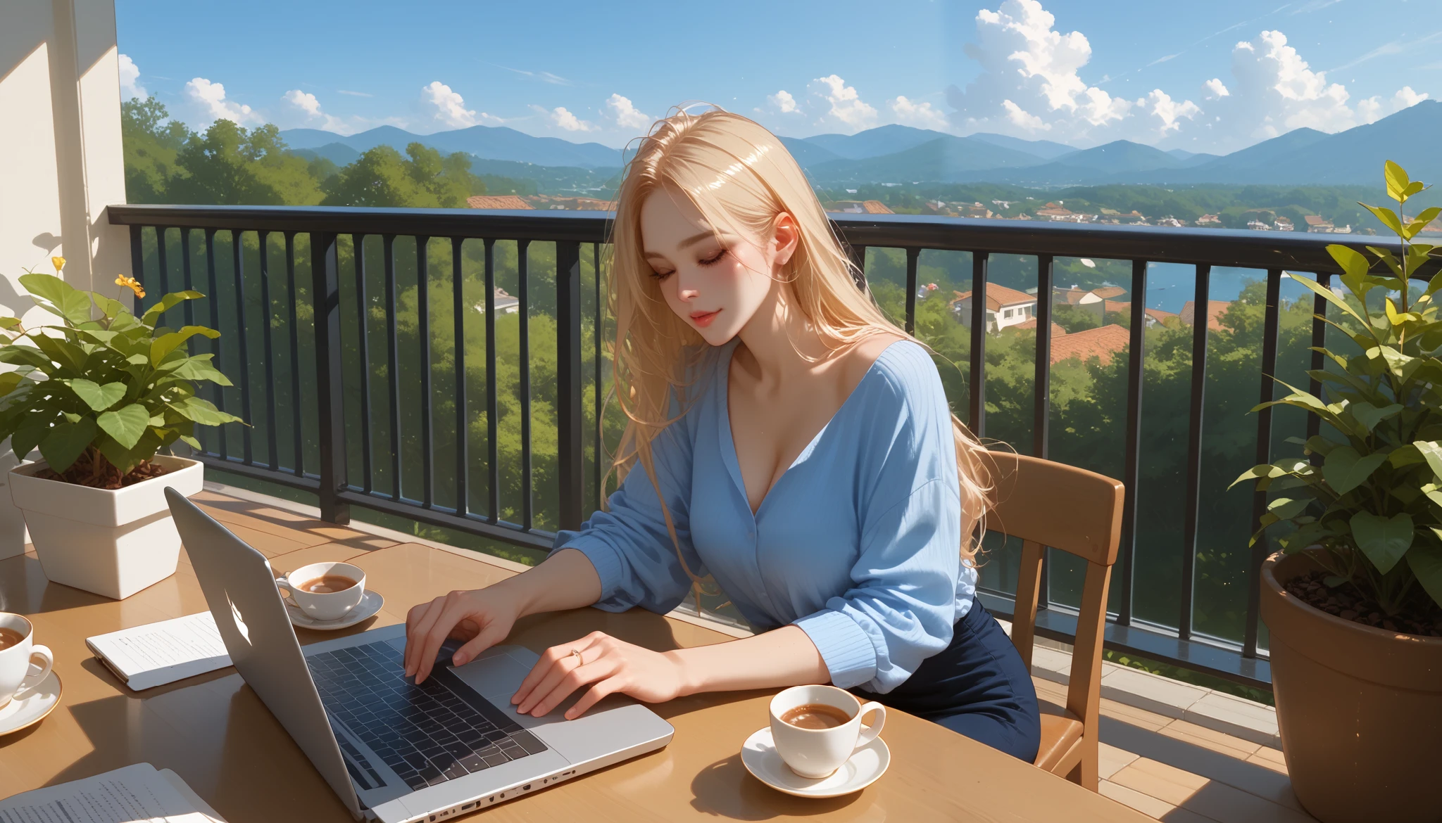 "A beautiful face and nice body, a woman sitting on a balcony, working on her laptop." She is dressed casually, with a cup of coffee on the table. The fresh air and scenic view create a refreshing and inspiring work environment.