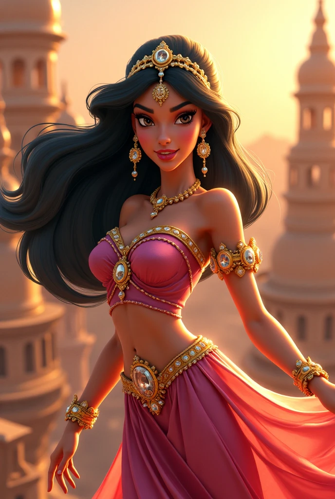 A stunning and captivating high-quality digital illustration captures Eva, a German influencer, standing gracefully in front of the magnificent Taj Mahal. The iconic white marble mausoleum serves as an awe-inspiring backdrop, reflecting the rich beauty of India. Eva, with her captivating eyes and eye-catching pink-purple crop top, draws attention, while her trendy, flowing long hair adds to her fashionable Indian ensemble. The overall atmosphere of the image is vibrant, realistic, and immersive, transporting viewers into the heart of this magnificent location, where fashion and history come together perfectly., photo, 3d render, fashion, anime, illustration.