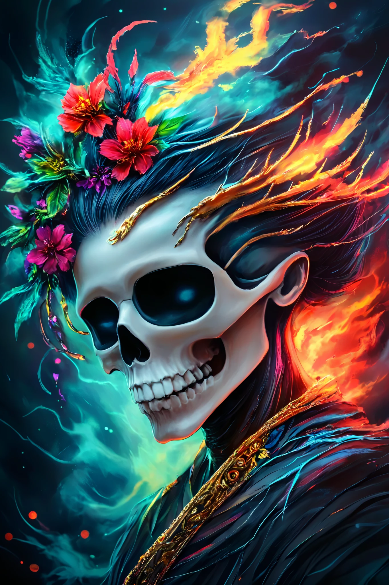 ((HALF PERSON)), A striking portrait, rendered in the style of Epic Splatter Art and Alcohol Ink, depicting a model with an otherworldly aesthetic.  The model, appearing to be a young adult of mixed ethnicity with dark, expressive eyes, wears oversized, circular sunglasses featuring meticulously detailed celestial motifs—stars and a crescent moon etched onto the lenses. Their face is partially obscured by a swirling, smoky ghost image rendered in vibrant, contrasting alcohol inks, creating a mysterious and ethereal effect. Fire:0.9. The skull, a key element in the composition, is painted with an array of unusual, almost iridescent colors, enhancing the fantastical quality.  Colored smoke billows around the model's head and shoulders, adding to the dynamic and chaotic energy of the piece. The background is a stark contrast of dark, deep blacks and rich, saturated colors, complementing the skull’s striking hues and the model's enigmatic expression.  The composition is close-up, slightly off-center, creating an intimate yet dramatic viewing experience. The texture is rough and highly detailed, emphasizing the splatter and ink effects. The lighting is dramatic, with spotlights highlighting the skull and sunglasses, casting dramatic shadows to accentuate the smoky ghost effect.  The overall mood is one of mystical intrigue and powerful energy; a blend of darkness and light, creating a captivating and unforgettable image.  The style evokes the boldness of  expressionism blended with the ethereal qualities of surrealism. Wide angle lens perspective.