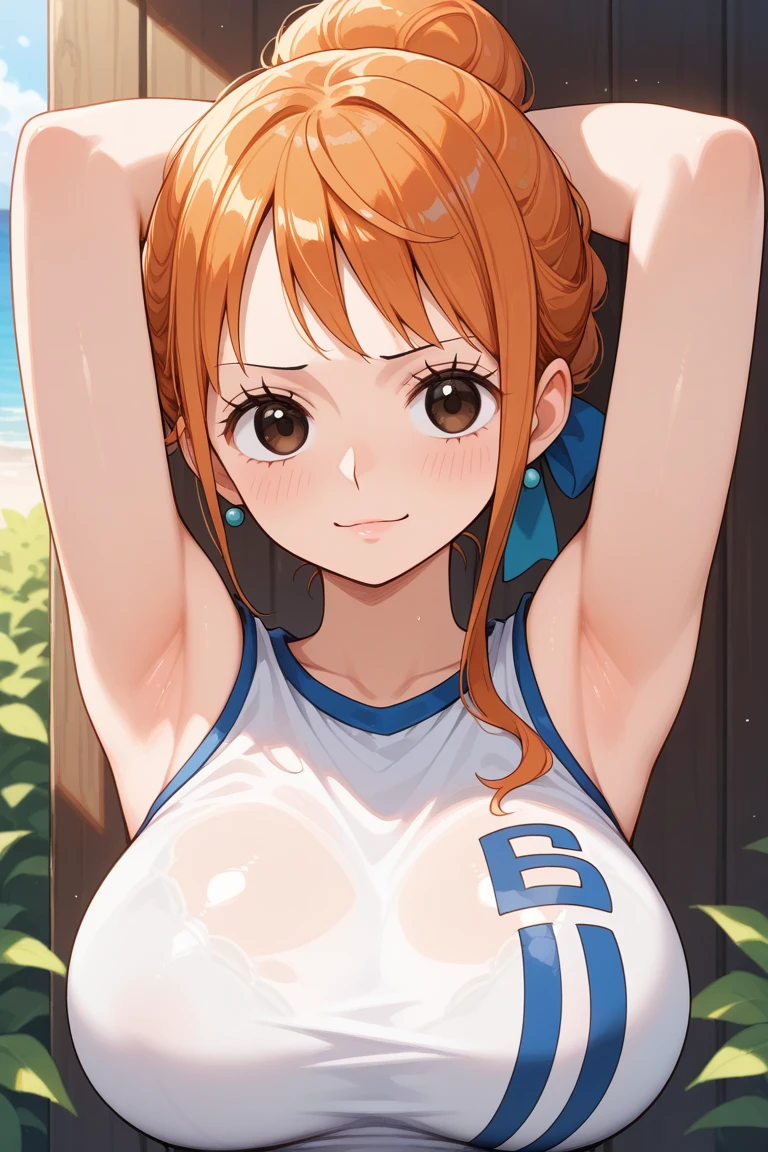 Honoka kousaka love live, cowboy shot, blue eyes, orange hair, blushing, view at viewer, very small micro skirt, tinnies crop top,cap, sweating, cleavage , tinnies stadium , adjusting her top, school sports room, breasts press