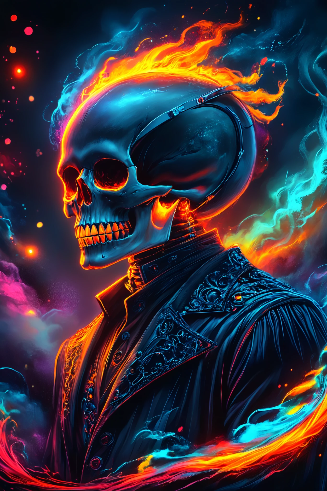 ((HALF PERSON)), A striking portrait, rendered in the style of Epic Splatter Art and Alcohol Ink, depicting a model with an otherworldly aesthetic. The model, appearing to be a young adult of mixed ethnicity with dark, expressive eyes, wears oversized, circular sunglasses featuring meticulously detailed celestial motifs—stars and a crescent moon etched onto the lenses. Their face is partially obscured by a swirling, smoky ghost image rendered in vibrant, contrasting alcohol inks, creating a mysterious and ethereal effect. Fire. The skull, a key element in the composition, is painted with an array of unusual, almost iridescent colors, enhancing the fantastical quality. Colored smoke billows around the model's head and shoulders, adding to the dynamic and chaotic energy of the piece. The background is a stark contrast of dark, deep blacks and rich, saturated colors, complementing the skull’s striking hues and the model's enigmatic expression. The composition is close-up, slightly off-center, creating an intimate yet dramatic viewing experience. The texture is rough and highly detailed, emphasizing the splatter and ink effects. The lighting is dramatic, with spotlights highlighting the skull and sunglasses, casting dramatic shadows to accentuate the smoky ghost effect. The overall mood is one of mystical intrigue and powerful energy; a blend of darkness and light, creating a captivating and unforgettable image. The style evokes the boldness of expressionism blended with the ethereal qualities of surrealism. Wide angle lens perspective.