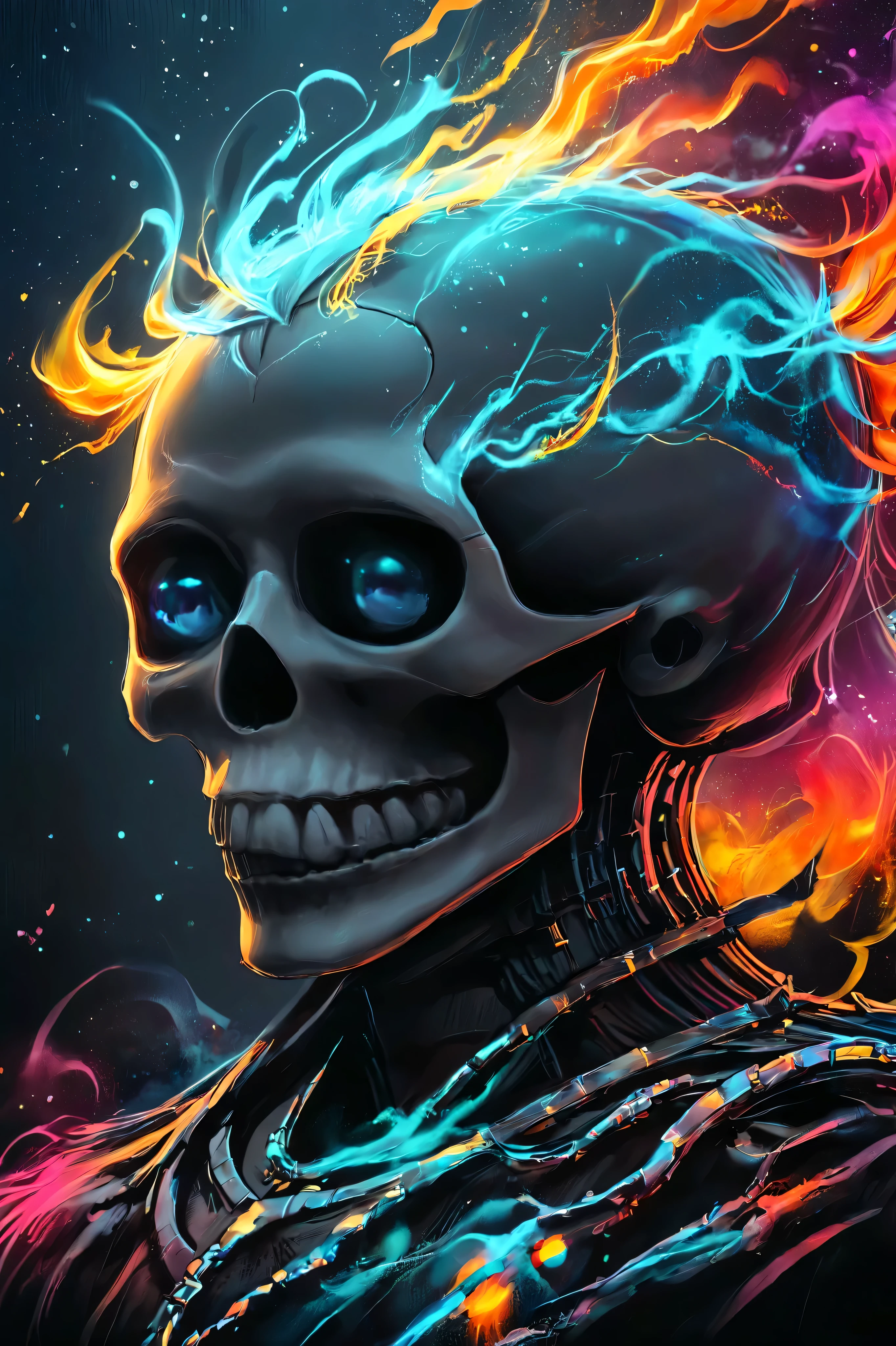 ((HALF PERSON)), A striking portrait, rendered in the style of Epic Splatter Art and Alcohol Ink, depicting a model with an otherworldly aesthetic. The model, appearing to be a young adult of mixed ethnicity with dark, expressive eyes, wears oversized, circular sunglasses featuring meticulously detailed celestial motifs—stars and a crescent moon etched onto the lenses. Their face is partially obscured by a swirling, smoky ghost image rendered in vibrant, contrasting alcohol inks, creating a mysterious and ethereal effect. The skull, a key element in the composition, is painted with an array of unusual, almost iridescent colors, enhancing the fantastical quality. Colored smoke billows around the model's head and shoulders, adding to the dynamic and chaotic energy of the piece. The background is a stark contrast of dark, deep blacks and rich, saturated colors, complementing the skull’s striking hues and the model's enigmatic expression. The composition is close-up, slightly off-center, creating an intimate yet dramatic viewing experience. The texture is rough and highly detailed, emphasizing the splatter and ink effects. The lighting is dramatic, with spotlights highlighting the skull and sunglasses, casting dramatic shadows to accentuate the smoky ghost effect. The overall mood is one of mystical intrigue and powerful energy; a blend of darkness and light, creating a captivating and unforgettable image. The style evokes the boldness of expressionism blended with the ethereal qualities of surrealism. Wide angle lens perspective.
