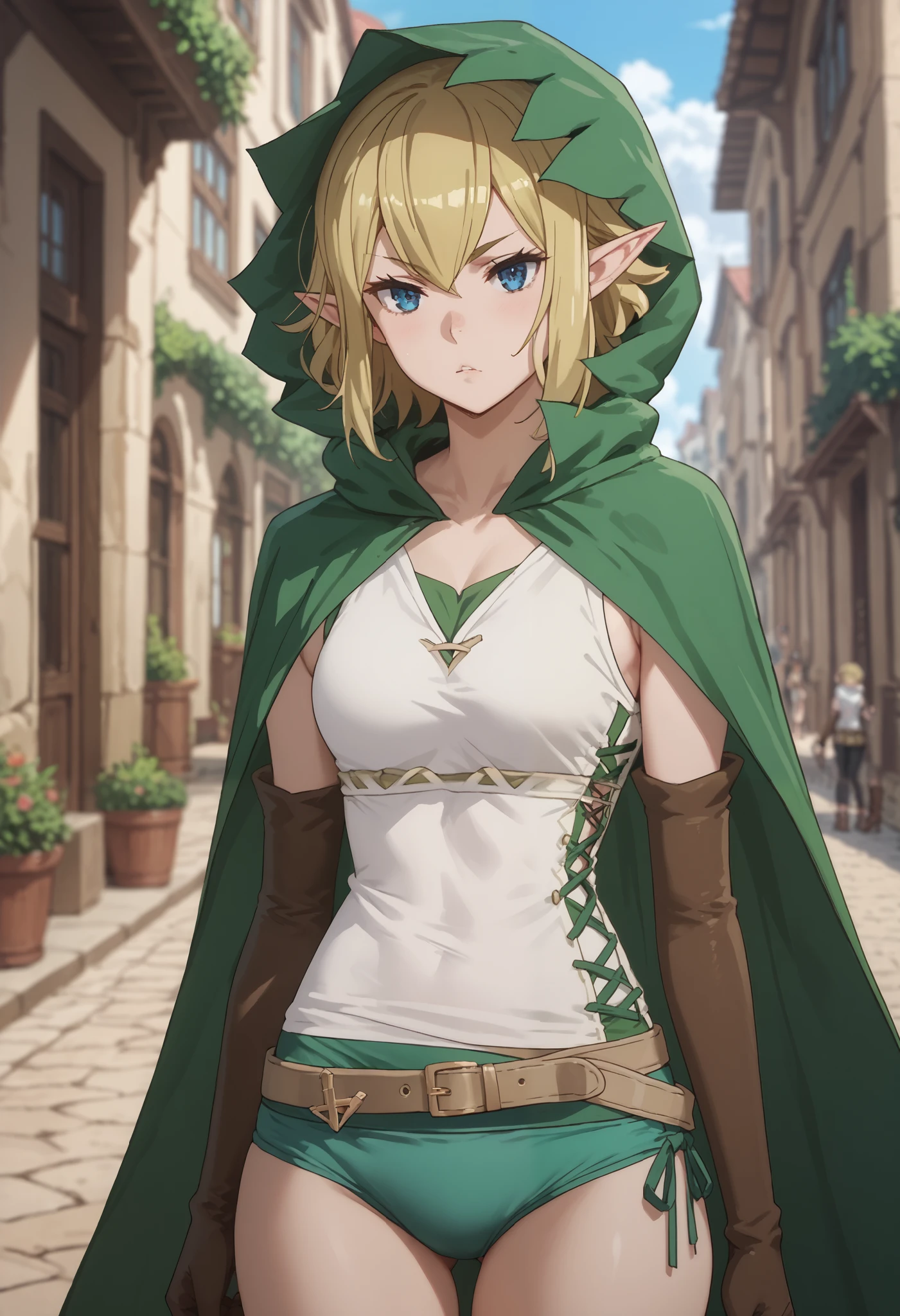 blonde hair, blue eyes, elf, ,ryuu green cloak, hooded cloak, cross-laced clothes, tank top, green panties, beige belt, elbow gloves, thigh boot,
