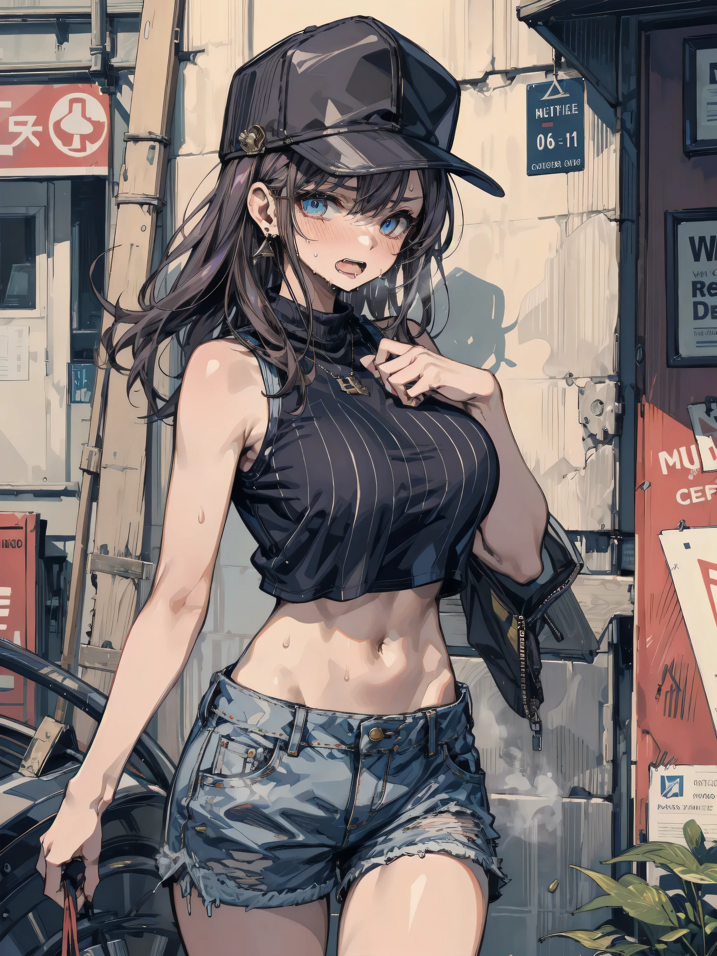 Bustling metropolis,A beautiful girl high school student,With a hat on,The Masterpiece,Light makeup,Flaming red lips,very long flowing hair,Pick dyeing。super fine details,masterece-piece,Authentic texture,Cinematic lighting realism,perfect works,8K,high-definition,Delicate facial features。Powder blue close-fitting T-shirt,skinny jeans,Pear-shaped body。Rounded buttocks,Slender little man's waist,Sexy,Vest line,fcollarbone,large bright eyes,Smooth skin,eardrop,tattooed,Short cute beautiful legs。A beautiful and delicate cherry small mouth。Perfect waist-hip ratio。Peerless looks,Beauty in the world,The country is beautiful。
