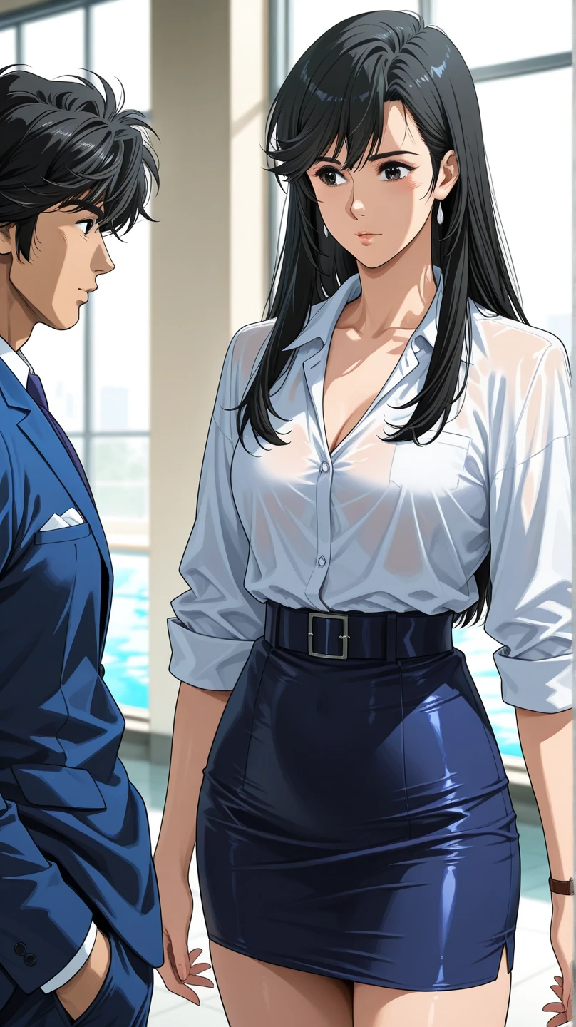 A striking scene with a mature 21-year-old female character, captivating the attention of an adolescent boy in a lively spring field. The woman, with her long wavy blond hair, V-shaped bangs, and blue eyes, exudes confidence in her white blouse and chocolate-colored corset, skinny tight blue jeans, and high boots. The boy, with short dark hair and a slim build, gazes intently at her, showcasing his admiration. The background is a vibrant, sunlit field, creating a dynamic and intriguing atmosphere that tells a story of attraction and curiosity.