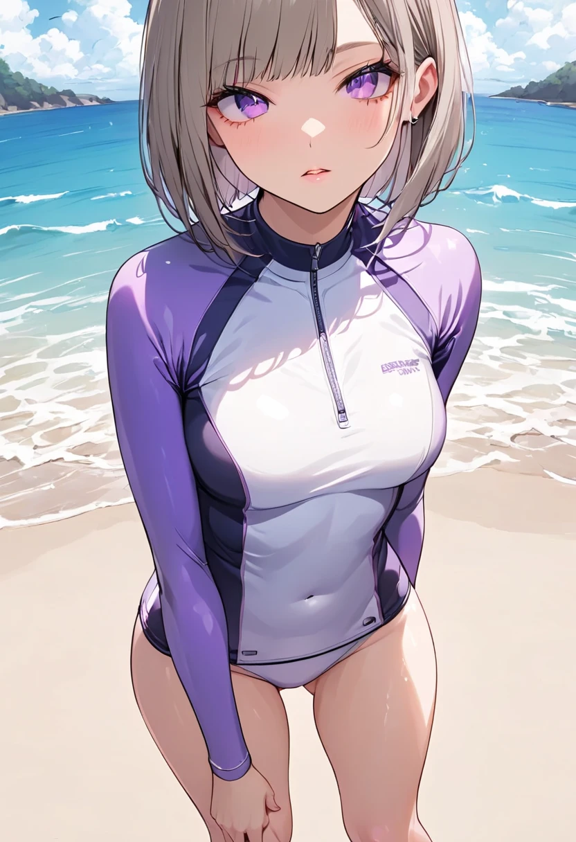 masterpiece, best quality, absurdres,  <lora:SakiSwimsuitV1-000080:0.9>, SakiSw1m,1girl, breasts, navel, halo, short_hair, beach_background, looking_away, sweat, wet, midriff, bikini_bottoom, purple_hair, blue_eyes, large_breasts