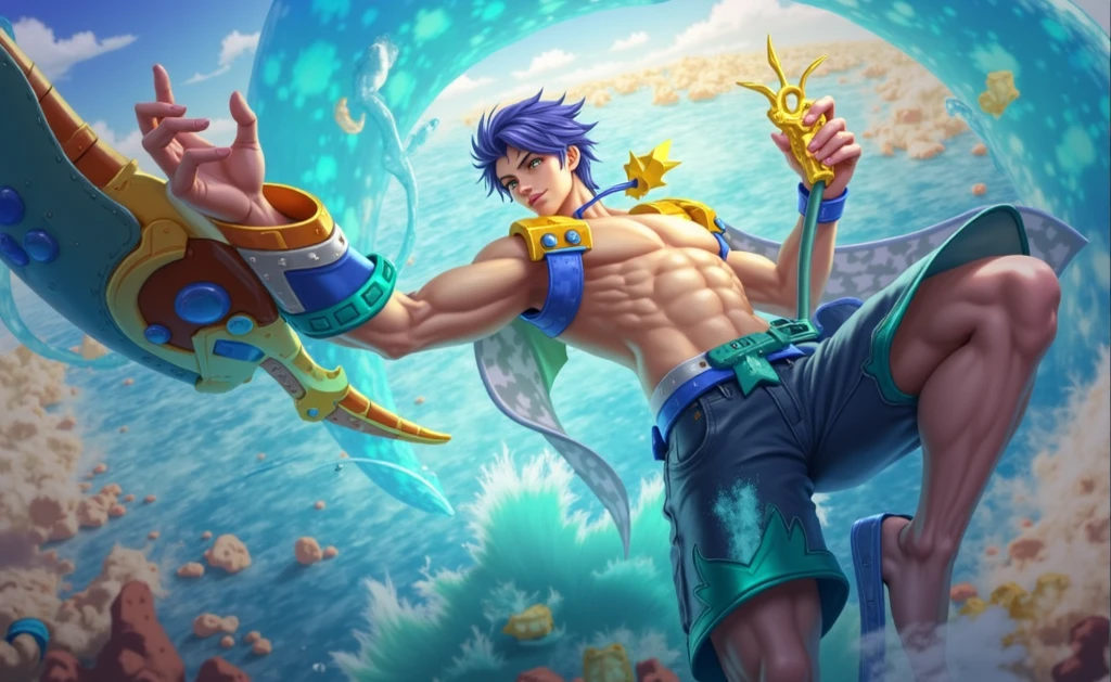Galafuz, 20-year-old boy, lean toned, bowl-cut white hair, his skin color is tropical Latin, he is naked, coming out of the sea, behind him is an army of sea elves, who are also coming out of the sea, going towards the sand of the beach, many of the sea elves are riding sea monsters, Galafuz is the god of the seas, he is commanding the army of sea elves, Galafuz is in an action pose, he is raising his arms and summoning sea storms, many rays, his eyes are energy, full body, powers, sexy guy, sexy gay, naked, army of sea elves, full body,6 firm packs, detailed abs