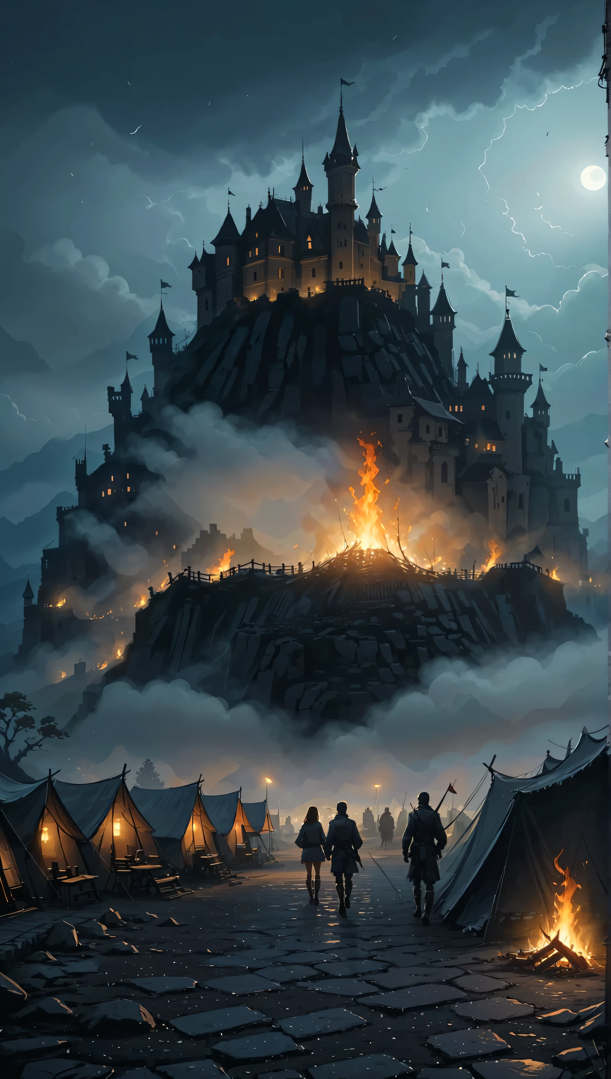 (best quality,4K ,8k ,high resolution,masterpiece:1.2),ultra-detailed,(realistic,photorealistic,photorealistic:1.37),dark and mysterious atmosphere, impressive castle in the distance,lunar sky that illuminates the scene,clouds of fog that surround the camp,ominous shadows cast by bonfires,armor and sparkling weapons of soldiers,elaborate banners that fly in the wind,impressive rows of tents that stretch as far as the eye can see,men and women They rest near the fires,conversations in low voices,lush vegetation that emerges at the edge of the camp,thick forest that surrounds the camp offering a sense of isolation,glances of mythical creatures that wander in the shadows,whispers of magic in the air,traces of ancient ruins in the distance,echoes of distant battle cries,resolute and determined faces of soldiers,Empty of fear,orders of the chief that echo throughout the camp,preparations for the next day's march in progress,secrets and unspoken stories hidden in the camp,Gothic architecture of the castle that adds an eerie atmosphere.