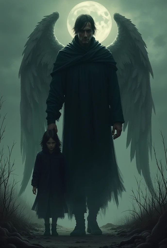 a primeval man with black wings and dark claws, strong and powerful, black hair and silver eyes,It must be floating in the sky with the moon behind it, In her arms she carries a boy with blond hair and white skin, with delicate but manly features and a delicate and ethereal appearance, who must be sleeping wrapped in a black silk blanket..