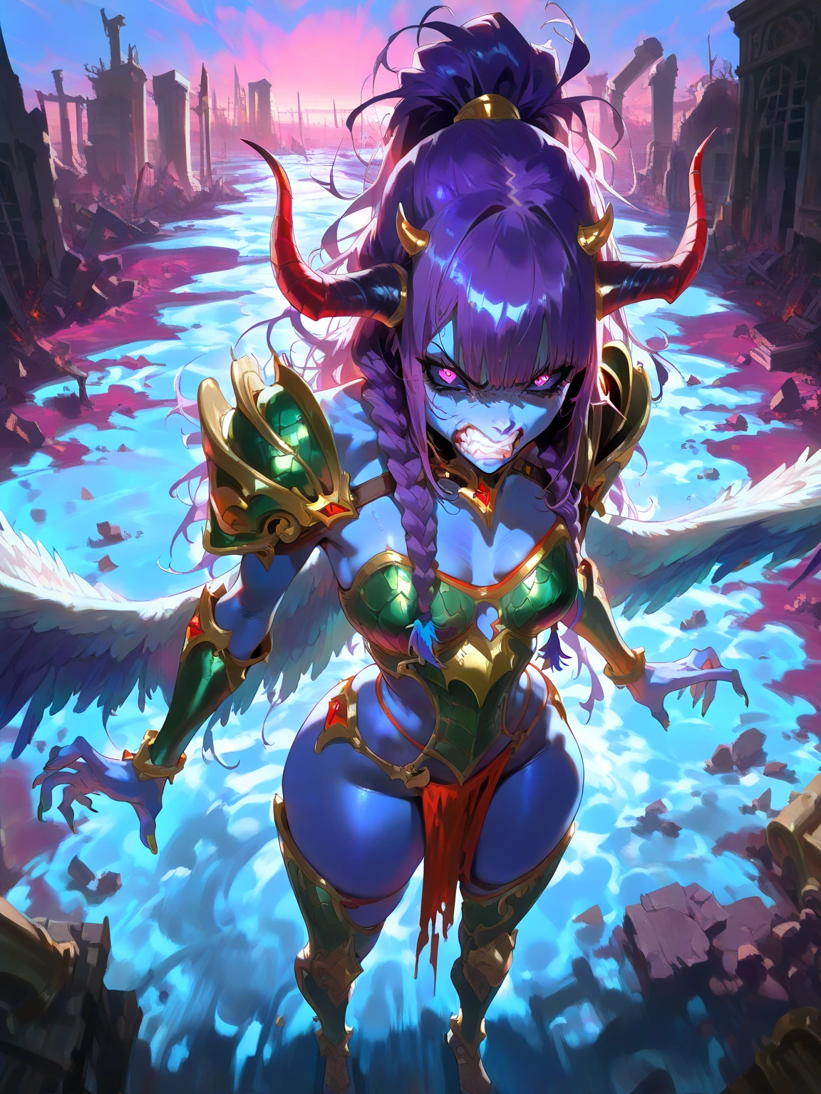 ((NSFW, masterpiece, best quality, amazing quality, very aesthetic, cinematic lighting:1.4,incredibly_absurdres,intricate details, minute details, detailed background, newest, score_9, score_8_up, score_7_up), hell, deep blue sky, moonlight, light blue ground, purple haze, debris, ruins, 1woman, demon, Tzeentch, \(solo, small breasts, Blue skin, Purple eyes, ponytail, 2 braids, long hair, messy hair, big soft butt, purple hair with blue tips, black sclera, straight bangs, (horns), Tzeentch armor, feathers, Wings\), crazy, angry, standing, (from above)
