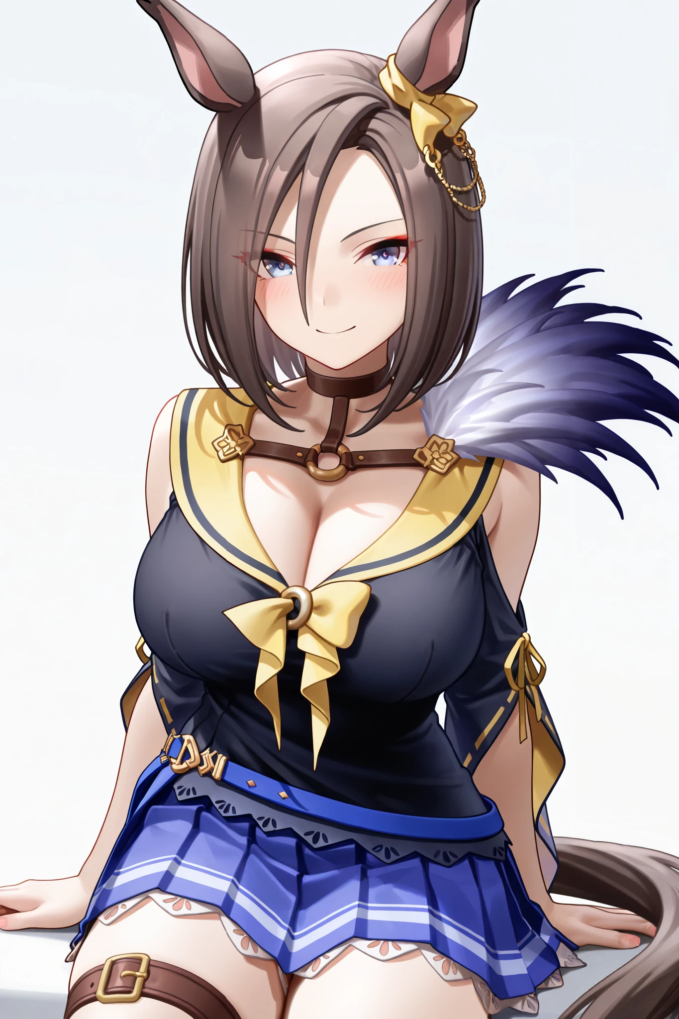 NSFW,masterpiece,Highest quality,high resolution,very detailed,Air Groove (umamusume),black shirt、 yellow sailor collar、Short sleeve、wide sleeve、belt、blue skirt、pleated skirt、thigh strap、choker、exposed shoulders、Chest Valley,smile