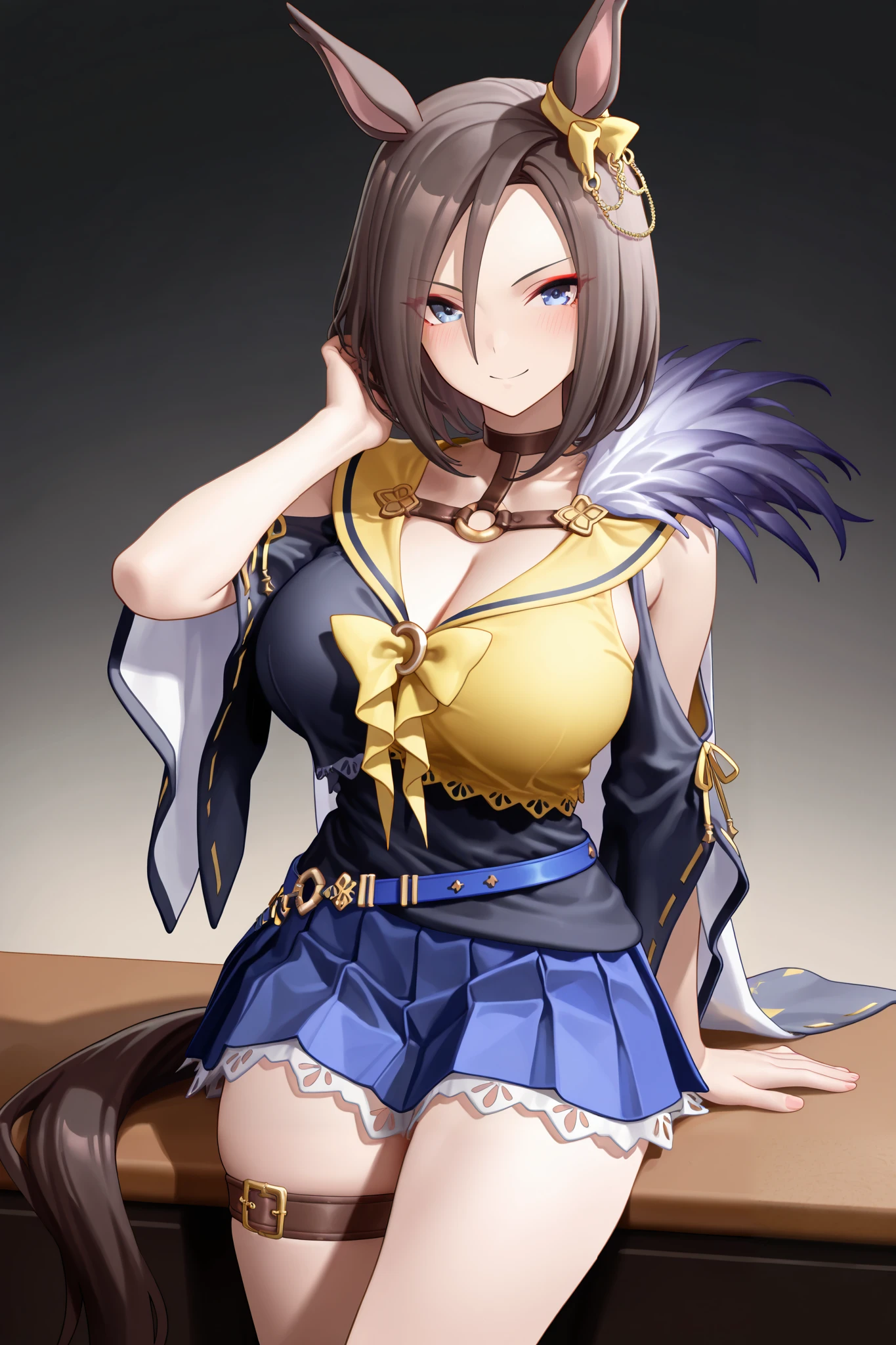 NSFW,masterpiece,Highest quality,high resolution,very detailed,Air Groove (umamusume),black shirt、 yellow sailor collar、Short sleeve、wide sleeve、belt、blue skirt、pleated skirt、thigh strap、choker、exposed shoulders、Chest Valley,smile