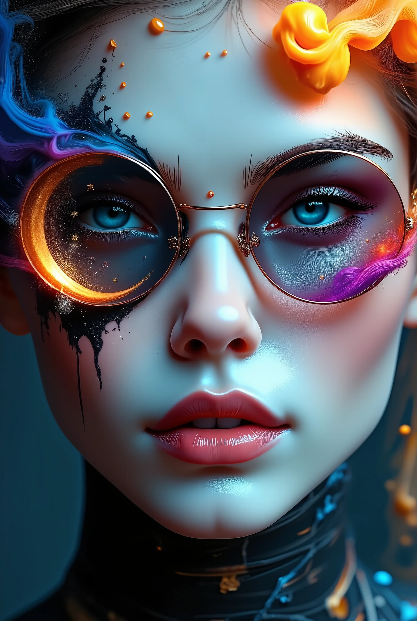 ((HALF PERSON)), A striking portrait, rendered in the style of Epic Splatter Art and Alcohol Ink, depicting a model with an otherworldly aesthetic. The model, appearing to be a young adult of mixed ethnicity with dark, expressive eyes, wears oversized, circular sunglasses featuring meticulously detailed celestial motifs—stars and a crescent moon etched onto the lenses. Their face is partially obscured by a swirling, smoky ghost image rendered in vibrant, contrasting alcohol inks, creating a mysterious and ethereal effect. Fire:0.9. The skull, a key element in the composition, is painted with an array of unusual, almost iridescent colors, enhancing the fantastical quality. Colored smoke billows around the model's head and shoulders, adding to the dynamic and chaotic energy of the piece. The background is a stark contrast of dark, deep blacks and rich, saturated colors, complementing the skull’s striking hues and the model's enigmatic expression. The composition is close-up, slightly off-center, creating an intimate yet dramatic viewing experience. The texture is rough and highly detailed, emphasizing the splatter and ink effects. The lighting is dramatic, with spotlights highlighting the skull and sunglasses, casting dramatic shadows to accentuate the smoky ghost effect. The overall mood is one of mystical intrigue and powerful energy; a blend of darkness and light, creating a captivating and unforgettable image. The style evokes the boldness of expressionism blended with the ethereal qualities of surrealism. Wide angle lens perspective.