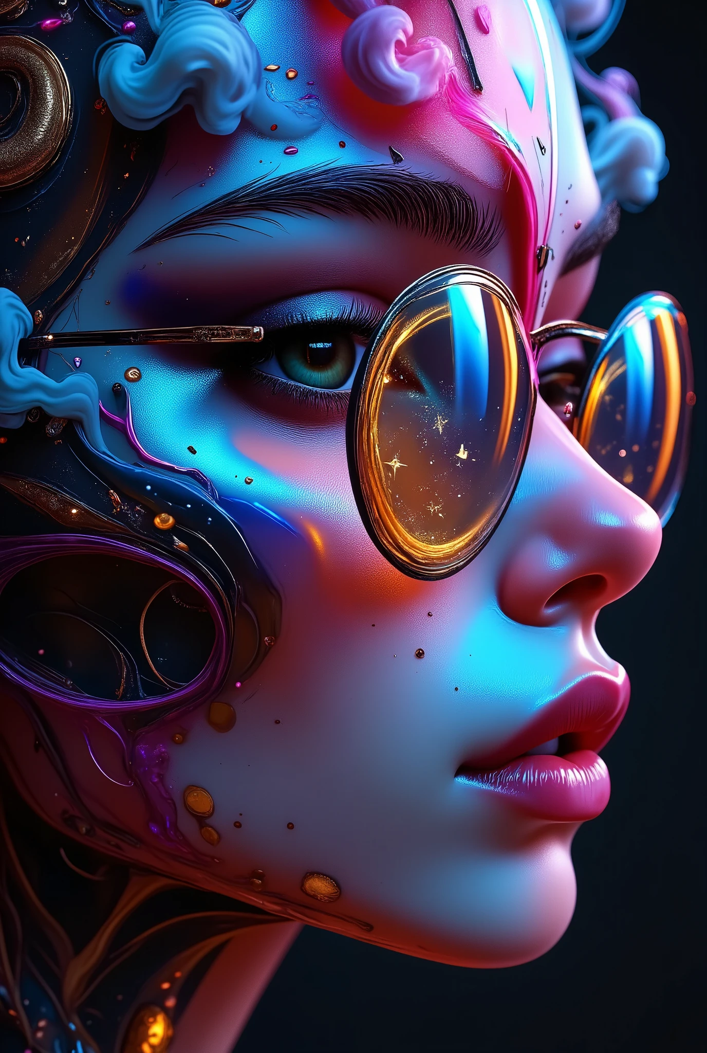 ((HALF PERSON)), A striking portrait, rendered in the style of Epic Splatter Art and Alcohol Ink, depicting a model with an otherworldly aesthetic. The model, appearing to be a young adult of mixed ethnicity with dark, expressive eyes, wears oversized, circular sunglasses featuring meticulously detailed celestial motifs—stars and a crescent moon etched onto the lenses. Their face is partially obscured by a swirling, smoky ghost image rendered in vibrant, contrasting alcohol inks, creating a mysterious and ethereal effect. Fire:0.9. The skull, a key element in the composition, is painted with an array of unusual, almost iridescent colors, enhancing the fantastical quality. Colored smoke billows around the model's head and shoulders, adding to the dynamic and chaotic energy of the piece. The background is a stark contrast of dark, deep blacks and rich, saturated colors, complementing the skull’s striking hues and the model's enigmatic expression. The composition is close-up, slightly off-center, creating an intimate yet dramatic viewing experience. The texture is rough and highly detailed, emphasizing the splatter and ink effects. The lighting is dramatic, with spotlights highlighting the skull and sunglasses, casting dramatic shadows to accentuate the smoky ghost effect. The overall mood is one of mystical intrigue and powerful energy; a blend of darkness and light, creating a captivating and unforgettable image. The style evokes the boldness of expressionism blended with the ethereal qualities of surrealism. Wide angle lens perspective.