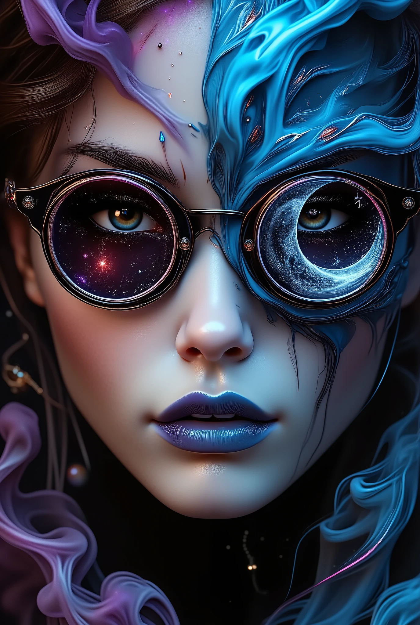 ((HALF PERSON)), A striking portrait, rendered in the style of Epic Splatter Art and Alcohol Ink, depicting a model with an otherworldly aesthetic. The model, appearing to be a young adult of mixed ethnicity with dark, expressive eyes, wears oversized, circular sunglasses featuring meticulously detailed celestial motifs—stars and a crescent moon etched onto the lenses. Their face is partially obscured by a swirling, smoky ghost image rendered in vibrant, contrasting alcohol inks, creating a mysterious and ethereal effect. Fire:0.9. The skull, a key element in the composition, is painted with an array of unusual, almost iridescent colors, enhancing the fantastical quality. Colored smoke billows around the model's head and shoulders, adding to the dynamic and chaotic energy of the piece. The background is a stark contrast of dark, deep blacks and rich, saturated colors, complementing the skull’s striking hues and the model's enigmatic expression. The composition is close-up, slightly off-center, creating an intimate yet dramatic viewing experience. The texture is rough and highly detailed, emphasizing the splatter and ink effects. The lighting is dramatic, with spotlights highlighting the skull and sunglasses, casting dramatic shadows to accentuate the smoky ghost effect. The overall mood is one of mystical intrigue and powerful energy; a blend of darkness and light, creating a captivating and unforgettable image. The style evokes the boldness of expressionism blended with the ethereal qualities of surrealism. Wide angle lens perspective.