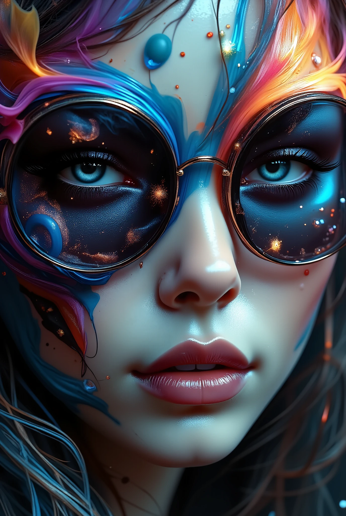 ((HALF PERSON)), A striking portrait, rendered in the style of Epic Splatter Art and Alcohol Ink, depicting a model with an otherworldly aesthetic. The model, appearing to be a young adult of mixed ethnicity with dark, expressive eyes, wears oversized, circular sunglasses featuring meticulously detailed celestial motifs—stars and a crescent moon etched onto the lenses. Their face is partially obscured by a swirling, smoky ghost image rendered in vibrant, contrasting alcohol inks, creating a mysterious and ethereal effect. Fire:0.9. The skull, a key element in the composition, is painted with an array of unusual, almost iridescent colors, enhancing the fantastical quality. Colored smoke billows around the model's head and shoulders, adding to the dynamic and chaotic energy of the piece. The background is a stark contrast of dark, deep blacks and rich, saturated colors, complementing the skull’s striking hues and the model's enigmatic expression. The composition is close-up, slightly off-center, creating an intimate yet dramatic viewing experience. The texture is rough and highly detailed, emphasizing the splatter and ink effects. The lighting is dramatic, with spotlights highlighting the skull and sunglasses, casting dramatic shadows to accentuate the smoky ghost effect. The overall mood is one of mystical intrigue and powerful energy; a blend of darkness and light, creating a captivating and unforgettable image. The style evokes the boldness of expressionism blended with the ethereal qualities of surrealism. Wide angle lens perspective.