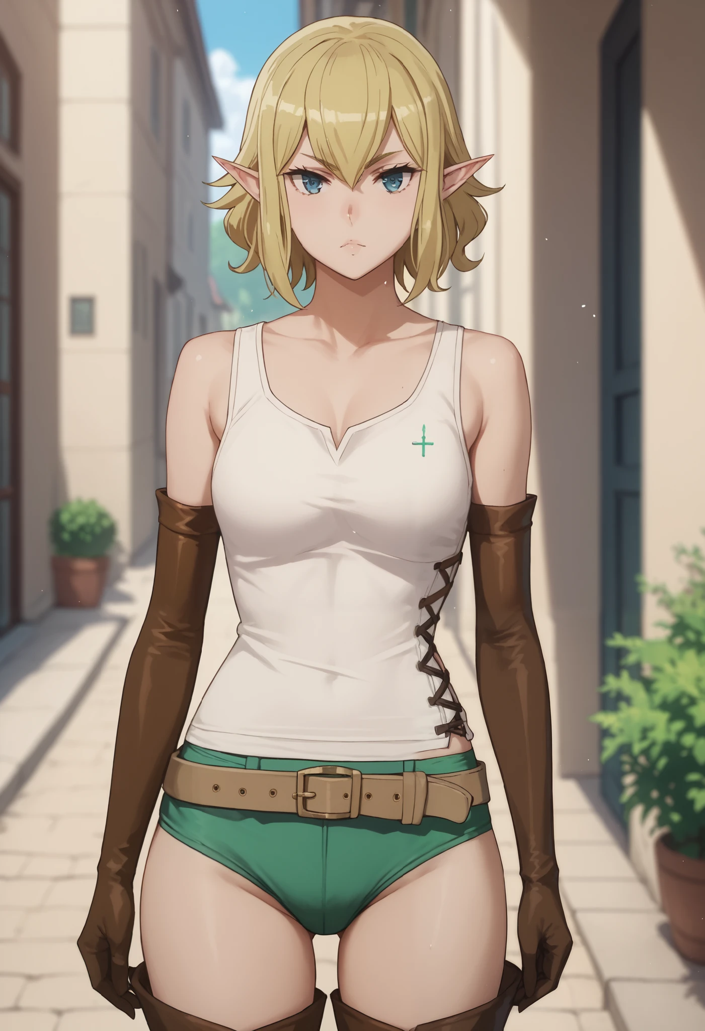 blonde hair, blue eyes, elf, ,ryuu, cross-laced clothes, tank top, green panties, beige belt, elbow gloves, thigh boot,