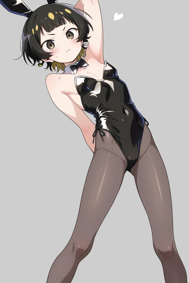 Create a cute tsundere with black hair, sexy tsundere face, pale skin, black school clothes, toned legs, legs thick sexy dress