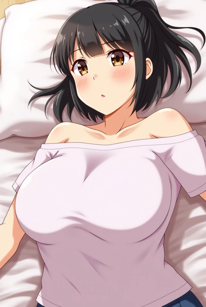 shinkai makoto, kimi no na wa., 1girl, bangs, bed sheet, black hair, blush, breasts, medium breast, brown eyes, red bow, short hair, solo, upper body, white long sleeve shirt, open shirt, unbuttoned, navel, off shoulder, medium breast, pink nipples, open mouth, cowboy shot, groin, lying, medium breasts, on back, vagina, bedroom, POV (POV naked boy's two hands touching girl's chest POV)