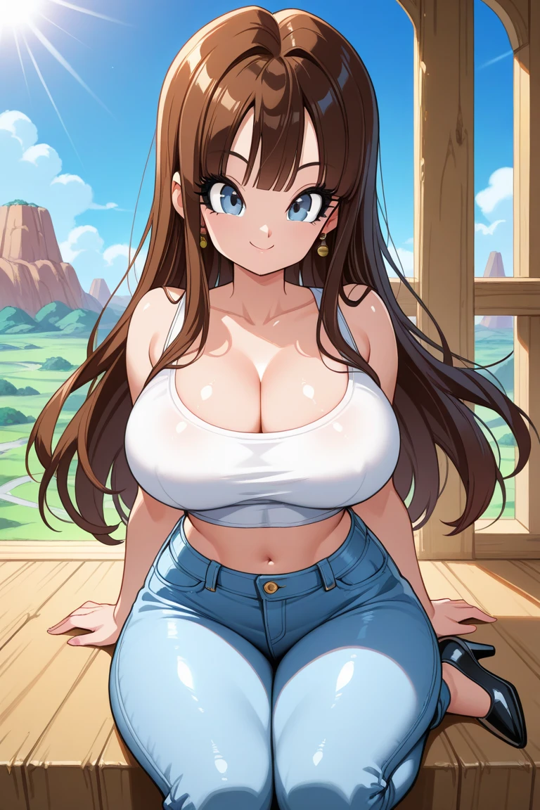 masterpiece, best quality, ultra high res, ultra-detailed, a street with a beautiful palm beach and ocean landscape, sunset, a gyaru, black hair, teal eyes, (gigantic tits with erected nipples and giant cleavage: 1.6), (dense pubic hair: 1.4), (dark skin: 1.6), (yellow sleeveless top, denim mini skirt, black high boots: 1.4), (a slutty young girl with a beautiful smile is standing and leaning with her back against a rock fence while having an hand oh her hip: 1.6), lewd slutty face, sweating