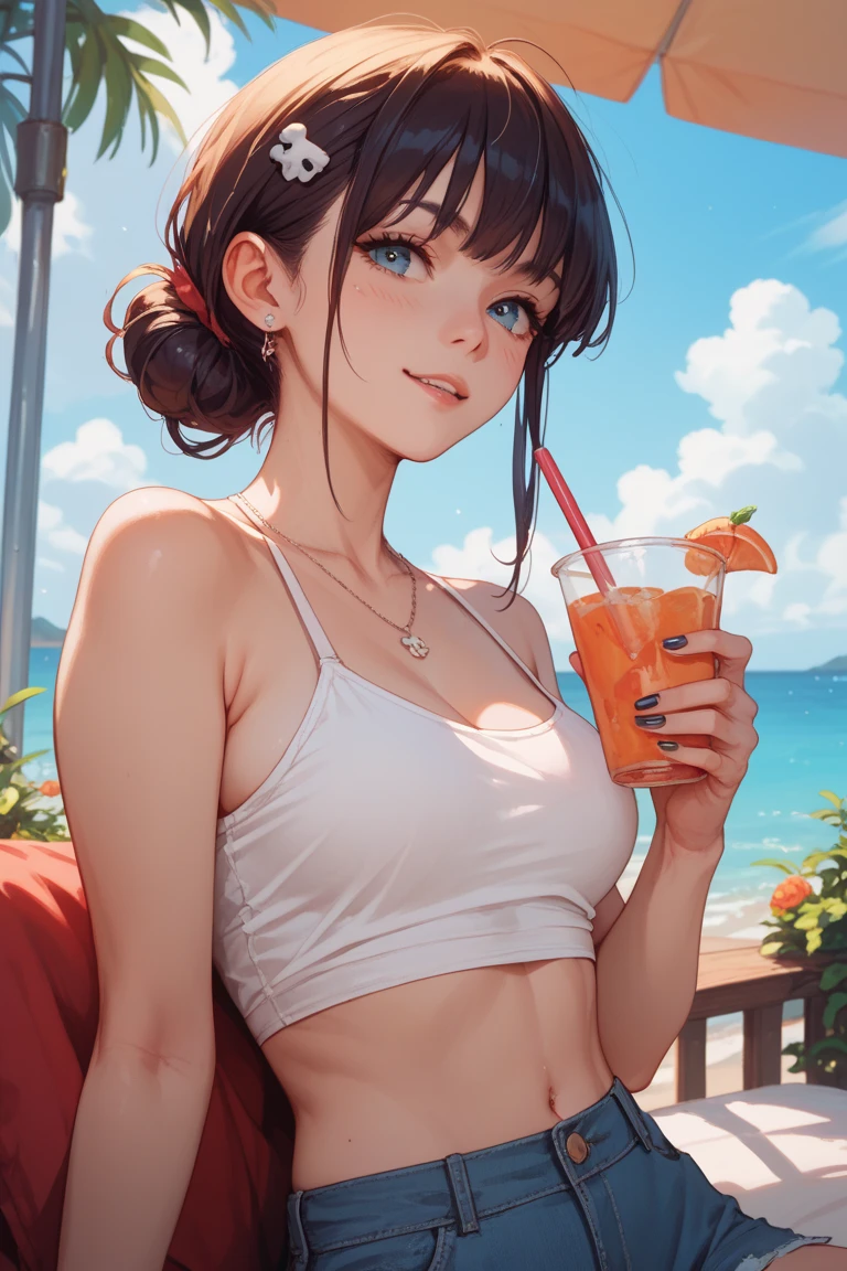 1 female、 alone、(18-year-old female)、(My girlfriend in a swimsuit holds out a tropical drink in one hand.:1.2)、(Small cleavage is sexy)、 BREAK(Low angle shot)、 (From below)、(Dutch Angle)、BREAK(Facing directly at the viewer:1.2)、Cute face、Cute eye drawing、Shortcuts、Black Hair、Healthy body shape、Moisturized Skin、