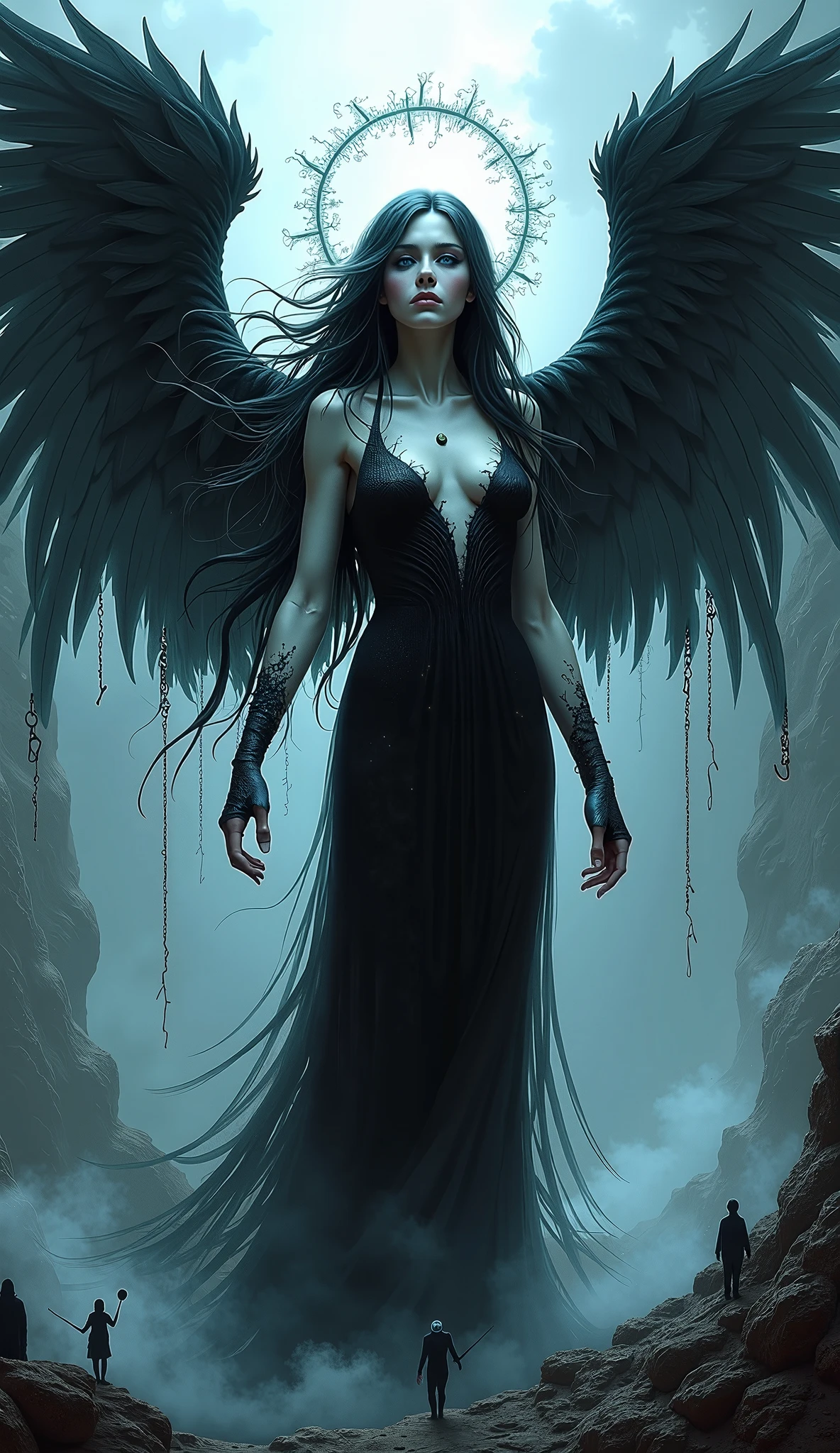 Beautiful adult woman with black hair and amber eyes with perfect curvy anatomy, Ancient Greek clothing in black, black wings on back on a blood floor anime style