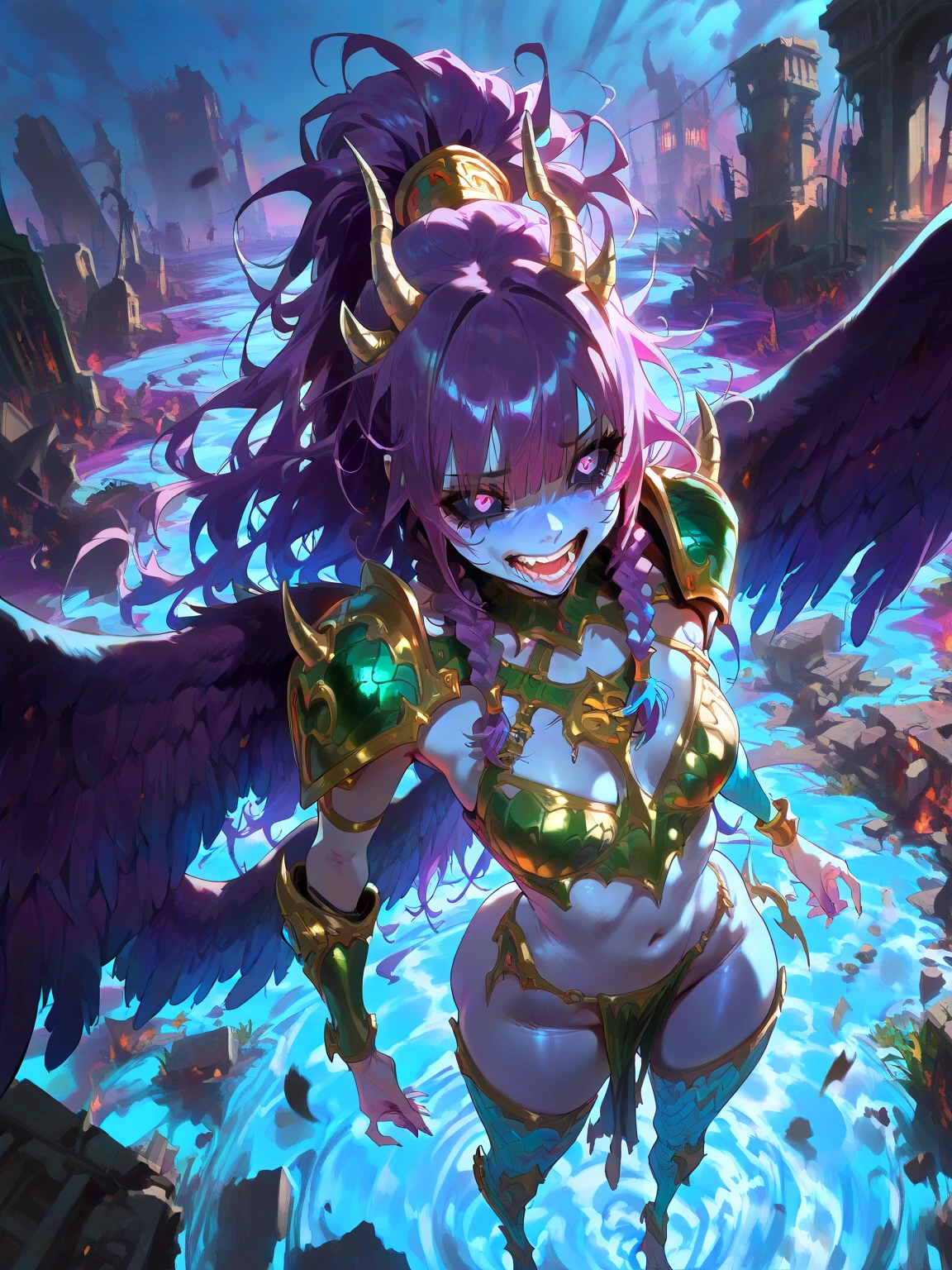 ((NSFW, masterpiece, best quality, amazing quality, very aesthetic, cinematic lighting:1.4,incredibly_absurdres,intricate details, minute details, detailed background, newest, score_9, score_8_up, score_7_up), hell, deep blue sky, moonlight, light blue ground, purple haze, debris, ruins, 1woman, demon, Tzeentch, \(solo, small breasts, Blue skin, Purple eyes, ponytail, 2 braids, long hair, messy hair, big soft butt, purple hair with blue tips, black sclera, straight bangs, (horns), Tzeentch armor, feathers, Wings\), crazy, (from above)
