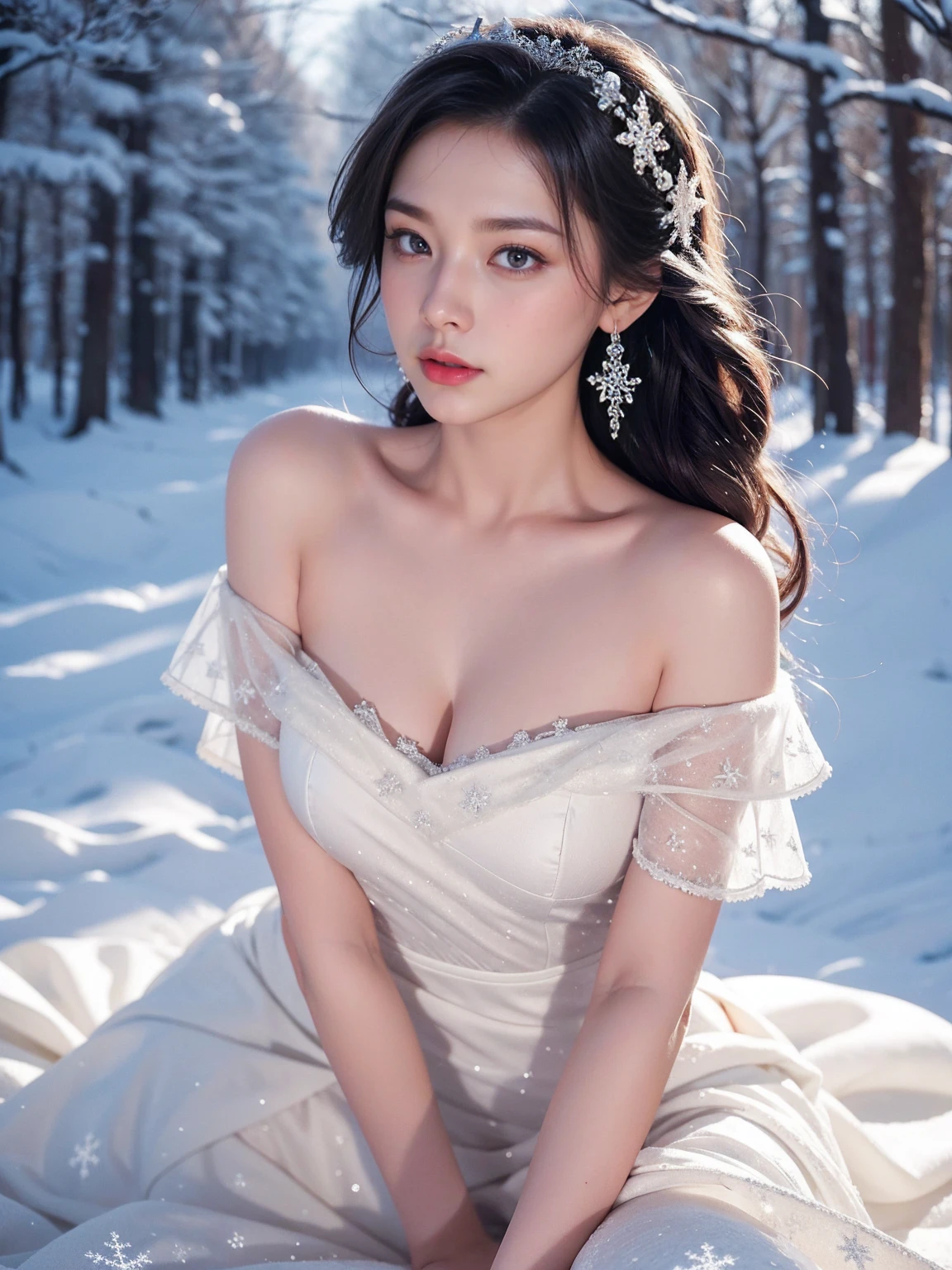 (hyperrealistic), (illustration), (high resolution), (8K), (extremely detailed), (best illustration), (best quality), (ultra-detailed), (masterpiece), (wallpaper), (photorealistic), (natural light), (1girl:1.52), (solo:1.51), (beautiful detailed eyes), (detailed beautiful face), (high detailed realistic skin texture), (anatomically correct), (high detailed realistic hair), (caramel hair:1.35), (heterochromic eyes), (detailed eyes), (blue eyes:1.37), (sparkling eyes), (realistic big breasts:1.5), (slender abs), (dynamic modelling pose), (closed tiny mouth:1.3), (concentrated expression), (upon body from head to thigh:1.56), snow-covered palace,winter wonderland,crown of ice,sparkling snowflakes,ethereal beauty,snowflakes swirling around,snow-covered trees,gorgeous snow queen,glowing ice shards,powdery snow,snowflakes glistening in the sunlight,majestic and graceful presence,snow-capped mountains,icy breath,hint of blue and silver in the color scheme,dramatic lighting,soft snow falling,queen's regal gown,subtle shades of white and blue,icy palace walls,crystal-like skin,photograph, photogenic, bokeh, cleavage, bare shoulders