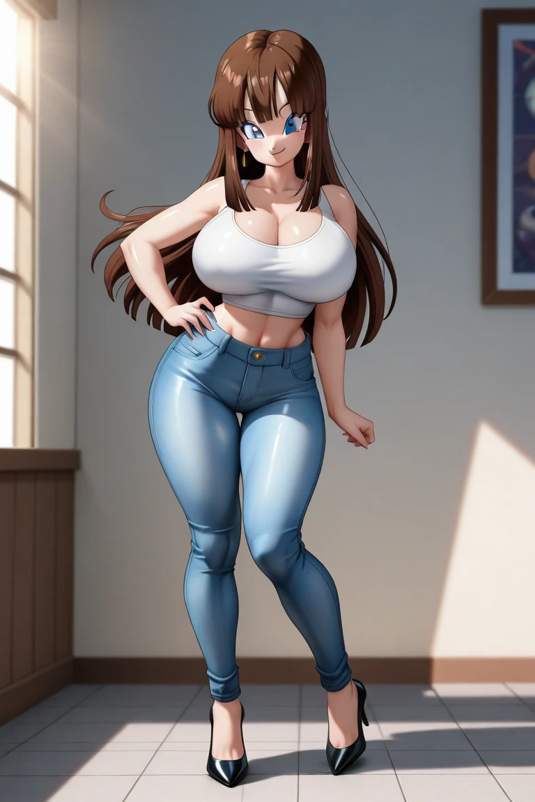 score_9,score_8_up,score_7_up,
dutch angle, full body, look at viewer, smile, realistic, beautiful, sexy, pretty, best quality, masterpiece, absurdres, perfect face, seductive, thin thighs, round breasts, huge breast, cleavage, muscular, extremely delicate and beautiful, 4k, crisp image, clear, detailed, blue eyes, ((bare shoulders, white shirt, white choker, earrings, hair ornament, jewelry, jeans, skin tight, high heels, ankle bands)), perfect eyes, long hair, wavy hair, brown hair, wearing bracelet, tattoo, (futanari, penis bulge, side bulge, big penis), standing, sexy pose, bedroom