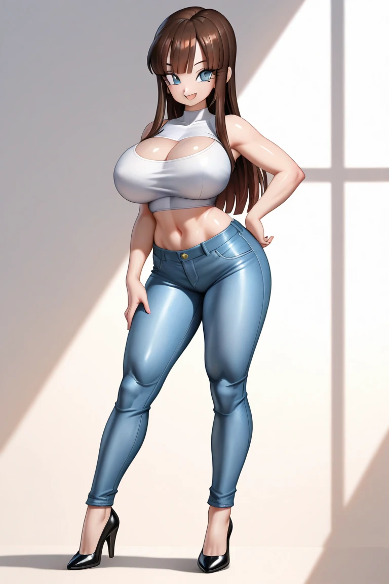 full body, medium hair, thin sleeveless gray blouse, super tight light blue jeans, (big curvy ass from side, side view), ass from side, breast from side, 