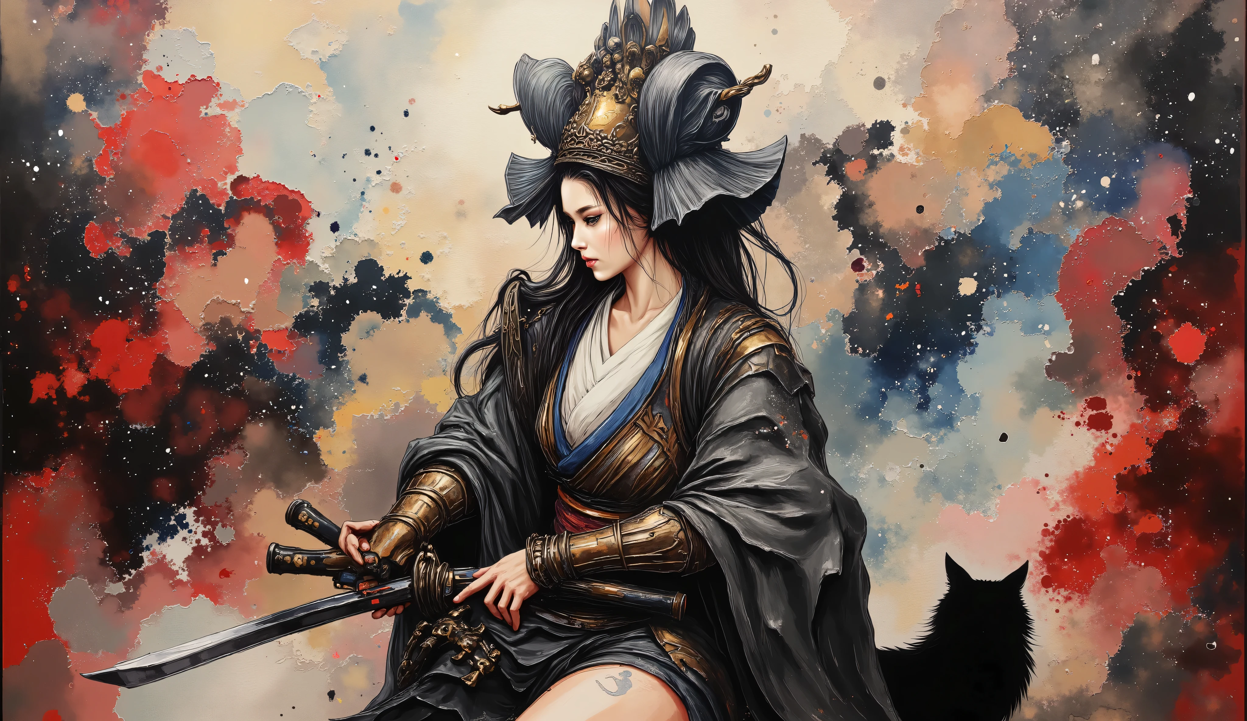 ((masterpiece:1.2)), (( top quality:1.2)), cyberpunk samurai girl , , ( wears samurai armor and helmets :1.2), (( long dark hair)), ((full body:1.6)), ((Equipped with a Japanese sword:1.5)), (dramatic pose:1.2), ([low angle:1.2), (underneath:1.2), ( Black cat sitting on the ground :1.5), ( Get connected ), Utagawa Kuniyoshi