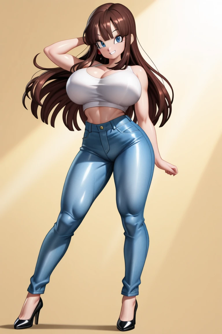 (1girl:1.7), (long hair con side bang), (black hair), (exotic skin), (photo of 25yo woman:1.5) (north american girl:1.0), (peruvian girl:1.5), (korean girl:0.5), ((blue jeans), (all-white t-shirt) (large breasts: 1.2), Fake smile, (in the library)