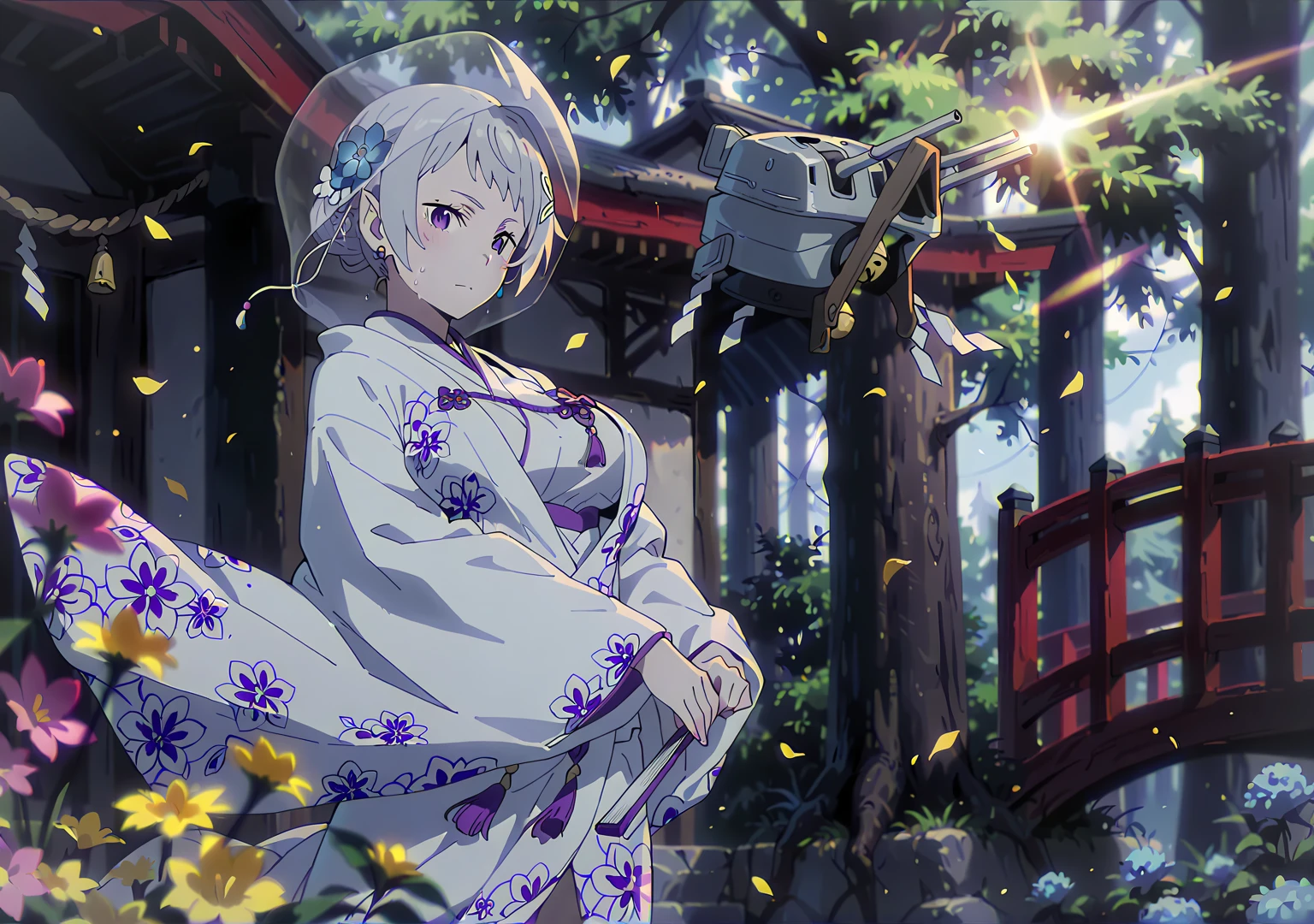 score_9, score_8_up, score_7_up, score_6_up, fortuna, 1girl, mature female, elf, pointy ears, short hair, silver hair, bangs, purple eyes, medium breasts, x hair ornament, plump, BREAK Anime Style, Manga Style, Hand drawn, cinematic, Sharp focus, humorous illustration, big depth of field, Masterpiece, concept art, trending on artstation, Vivid colors, Simplified style, trending on ArtStation, trending on CGSociety, Intricate, Vibrant colors, Soft Shading, Simplistic Features, Sharp Angles, Playful, excessive sweating, sweating profusely, sweating drop BREAK, 1girl, uchikake, kimono, japanese clothes, wataboushi, flower, hand fan, outdoors, large breasts, breasts, folding fan, looking at viewer, wide sleeves, tree, bride, holding fan, petals, bridge, holding, turret, veil, day, white kimono, wind, shrine, hair ornament, closed mouth, rope, cannon, hair flower, long sleeves, solo, architecture, alternate costume, shimenawa, jewelry, wedding dress, east asian architecture, sunlight, wedding, folded fan, blue flower, bridal veil, floral print, tassel, falling leaves, wind lift, alternate hairstyle, earrings, bell, yellow flower, light rays,