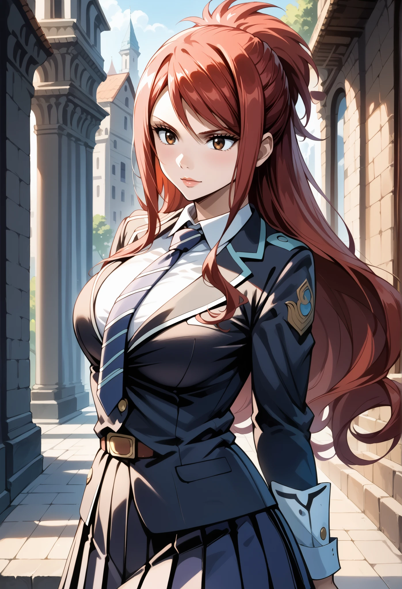score_9, score_8_up, score_7_up, source_anime, 4K,perfect fingers,(perfect hands, perfect anatomy),prefect lighting, very aesthetic, intricate details,highly detailed background, masterpiece, high quality, best quality,
1 girl,solo,erza knightwalker, red hair, brown eyes, long hair, straight hair,mature female,large breast,,
wearing ((necktie,school uniform, skirt, )),,
high resolution, detailed background, Outdoors, sunlight,,